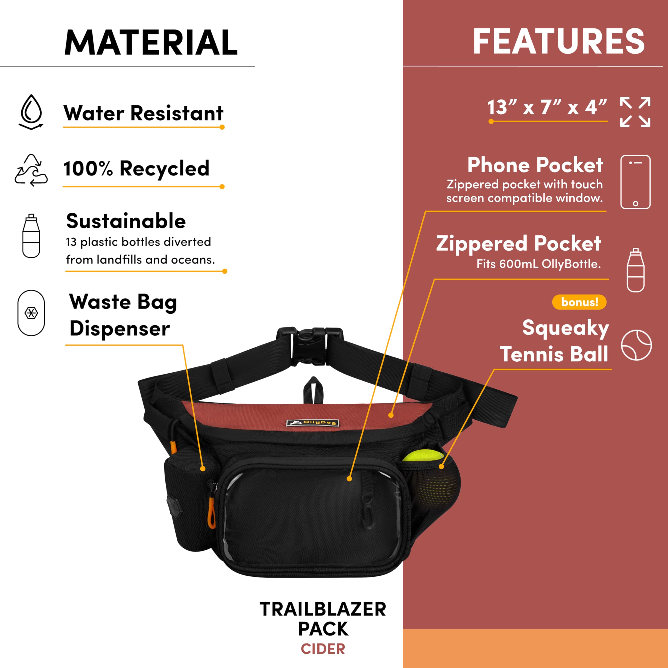 OllyDog Trailblazer Pack - Hands-Free Dog Fanny Pack with Treat Pouch, Water-Resistant Design, Built-in Poop Bag Dispenser & Rubber Fetch Ball - Perfect for Dog Walking, Training & Outdoor Adventures