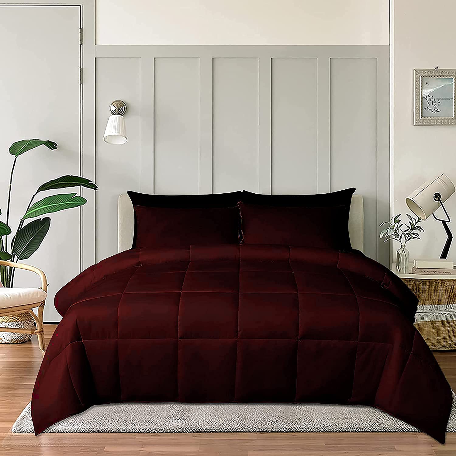 Lightweight All Season Down Alternative Comforter - 100% Cotton Soft Quilted Duvet Insert | Cooling Comforter for Warm Weather & Hot Sleepers | King/California King Size | Mehrron Wine Color | Perfect for Bedroom, Guest Room & Dorm Use
