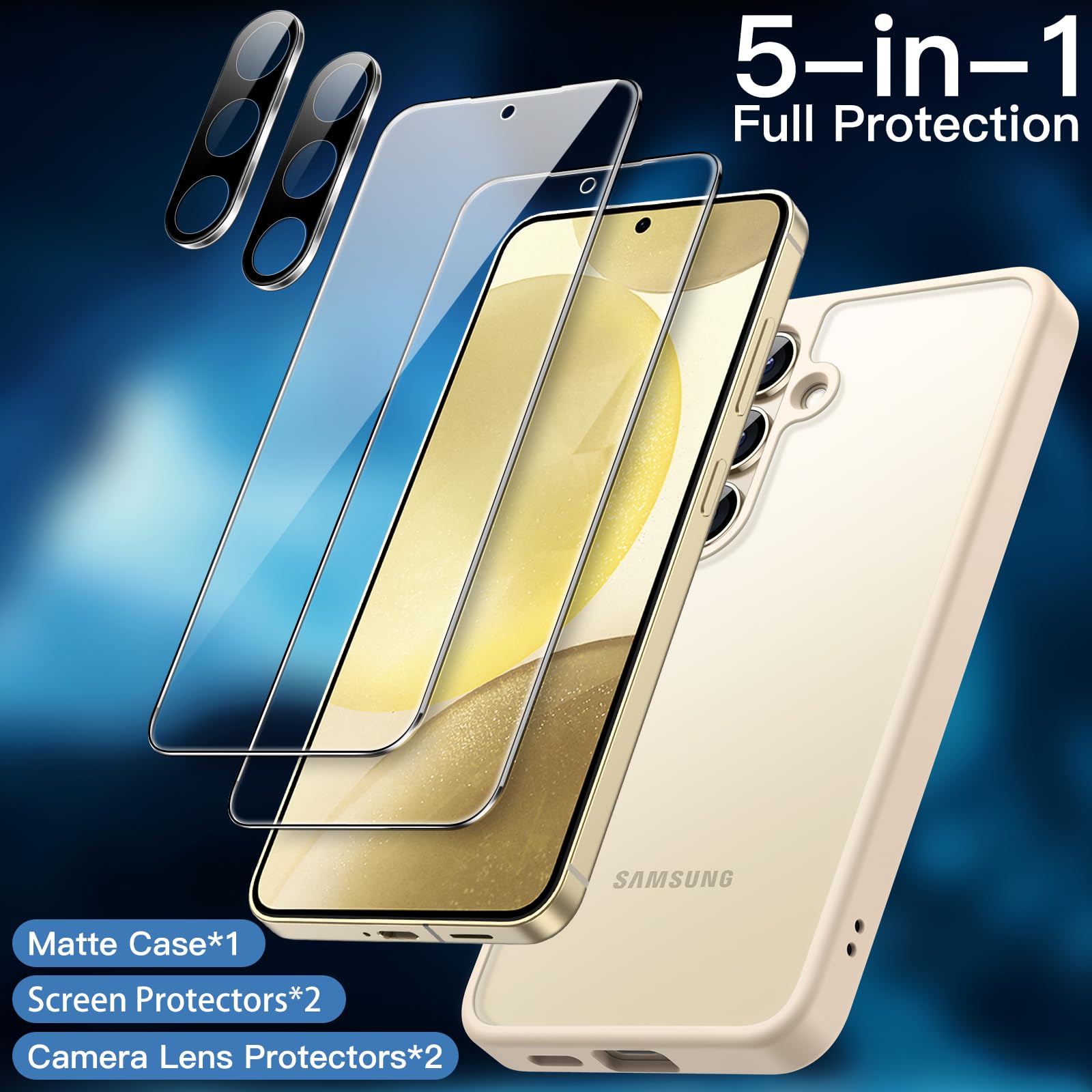 JETech 5-in-1 Matte Case for Samsung Galaxy S24+ / S24 Plus 5G - 2-Pack Tempered Glass Screen Protector & Camera Lens Protector, Translucent Back Protective Phone Cover (Gold) | Slim Shockproof Design for Everyday Use, Work & Travel