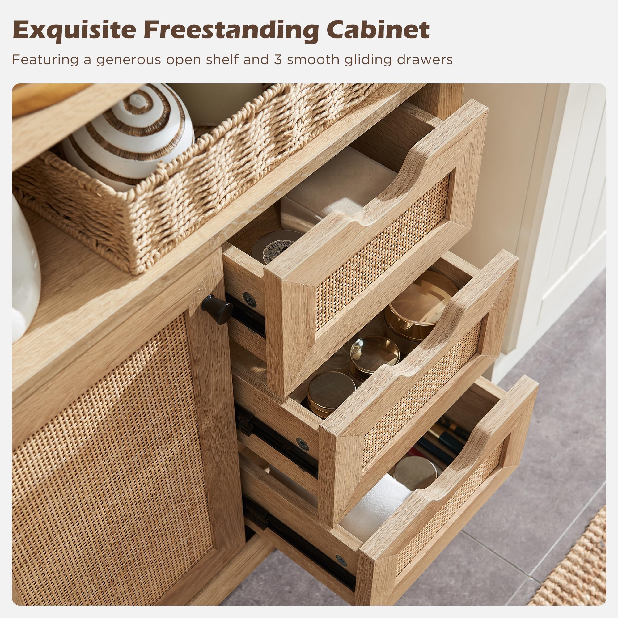 Natural Rattan Bathroom Storage Cabinet with Sliding Door & 3 Drawers - Modern Boho Freestanding Organizer for Bathroom, Kitchen, Dining Room | Perfect for Small Space Organization & Home Decor