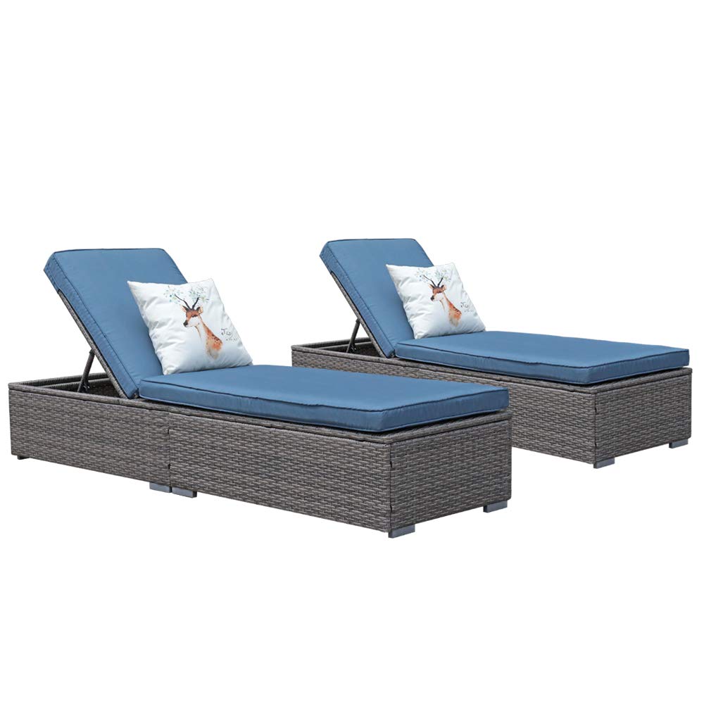 JOIVI Outdoor Chaise Lounge Chair Set of 2 - Adjustable Rattan Reclining Patio Lounger with Removable Aegean Blue Cushions, Gray PE Wicker - Perfect for Poolside, Backyard, Garden Relaxation & Sunbathing