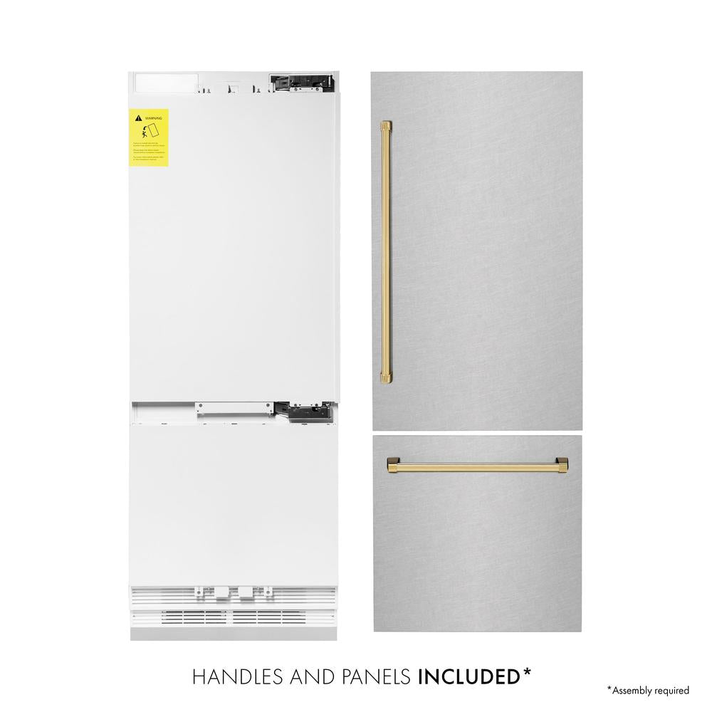 ZLINE Autograph Edition 30-Inch Built-In Bottom Freezer Refrigerator - 16.1 cu. ft. Capacity, Water Dispenser & Ice Maker - Satin Stainless Steel with Polished Gold Accents (RBIVZ SN 30 G) - Perfect for Modern Kitchens & Luxury Homes