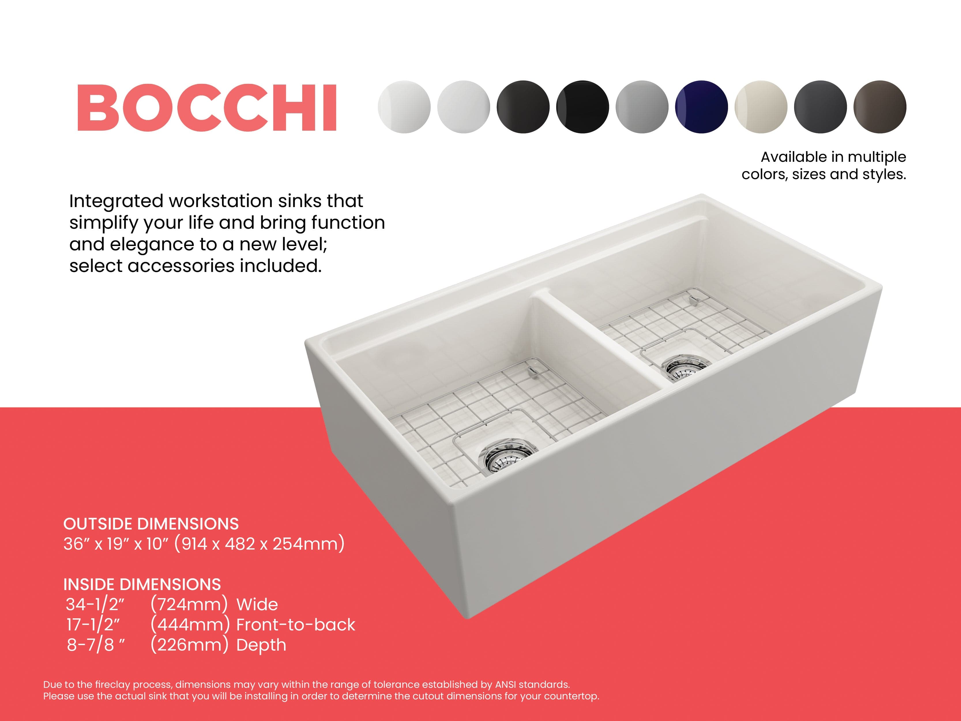 BOCCHI CONTEMPO 36 Step Rim Fireclay Farmhouse Double Bowl Kitchen Sink with Protective Bottom Grid and Strainer