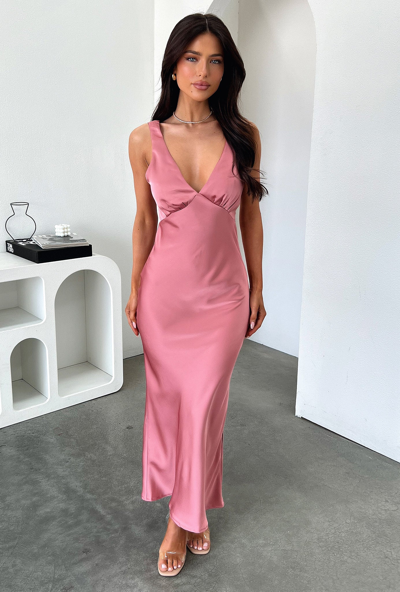 Delayne V Neck Satin Midi Dress - Elegant Rose Pink Formal Evening Gown for Women | Perfect for Weddings, Parties & Special Occasions