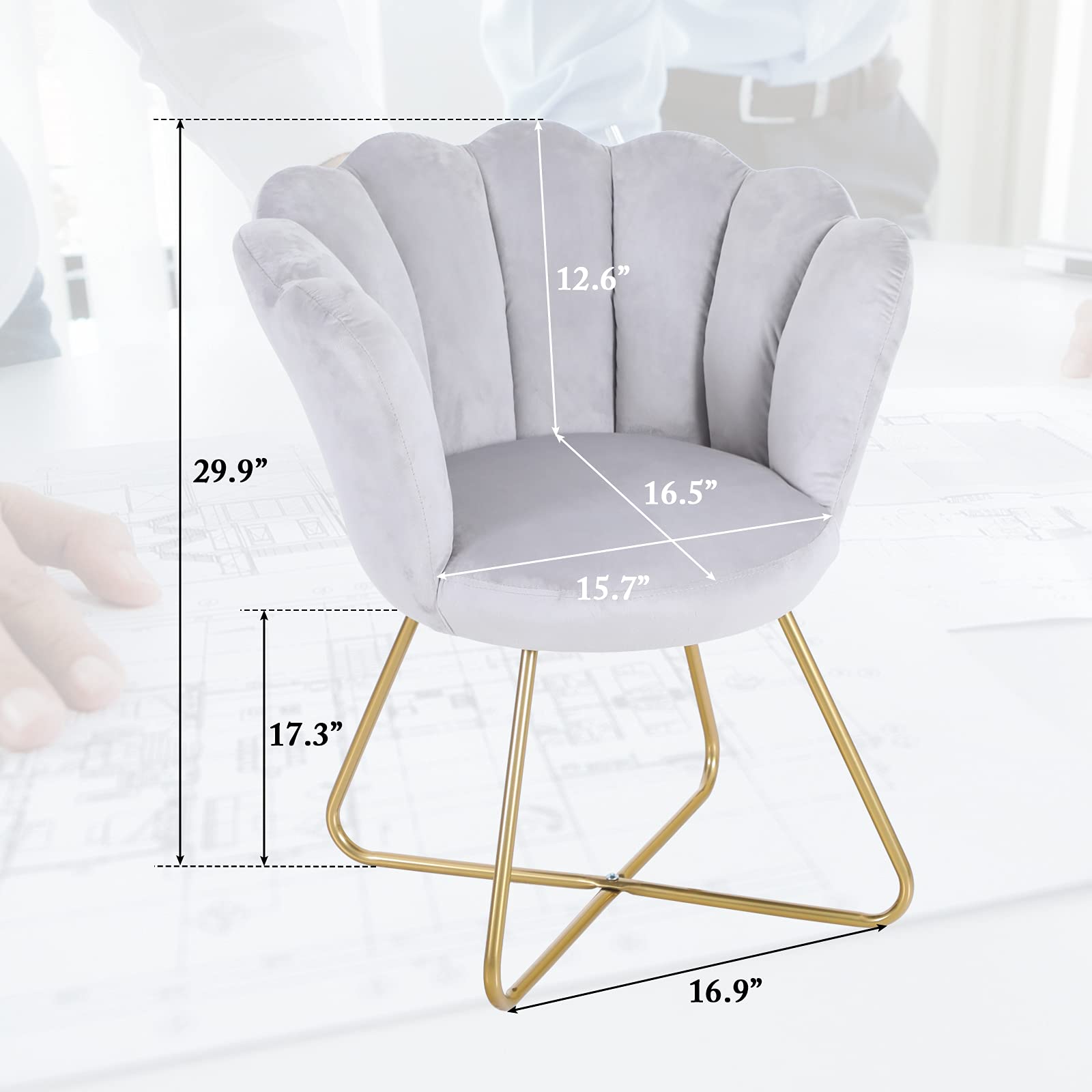 Sophia & William Velvet Accent Chair - Modern Upholstered Mid-Back Leisure Chair with Gold Metal Legs for Living Room, Bedroom, Vanity or Reception Area - Soft Grey Makeup Chair for Home Decor