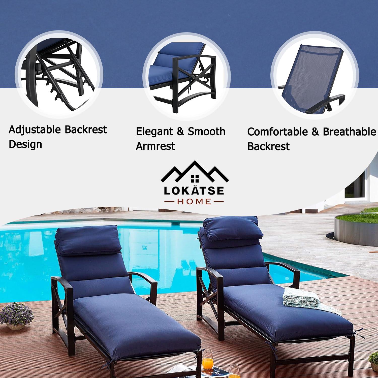 LOKATSE HOME Outdoor Adjustable Chaise Lounge Chair - Steel Patio Furniture with Removable Cushion, Weather-Resistant & Durable - Perfect for Poolside, Garden, Backyard Relaxation (Blue)
