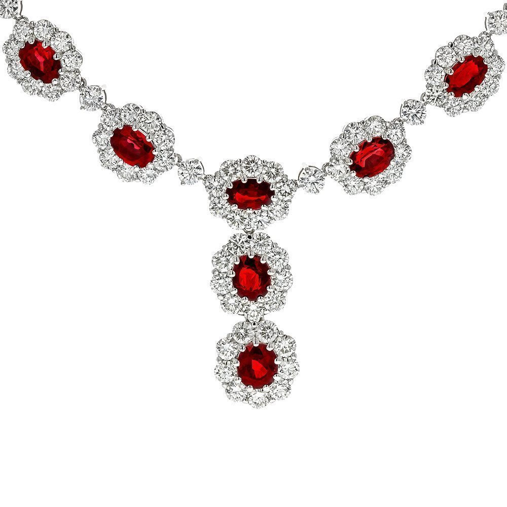 18KT 28.03 CTW Oval Ruby & 25.69 CTW Diamond Necklace for Women - Elegant Jewelry Gift for Anniversary, Wedding & Special Occasions