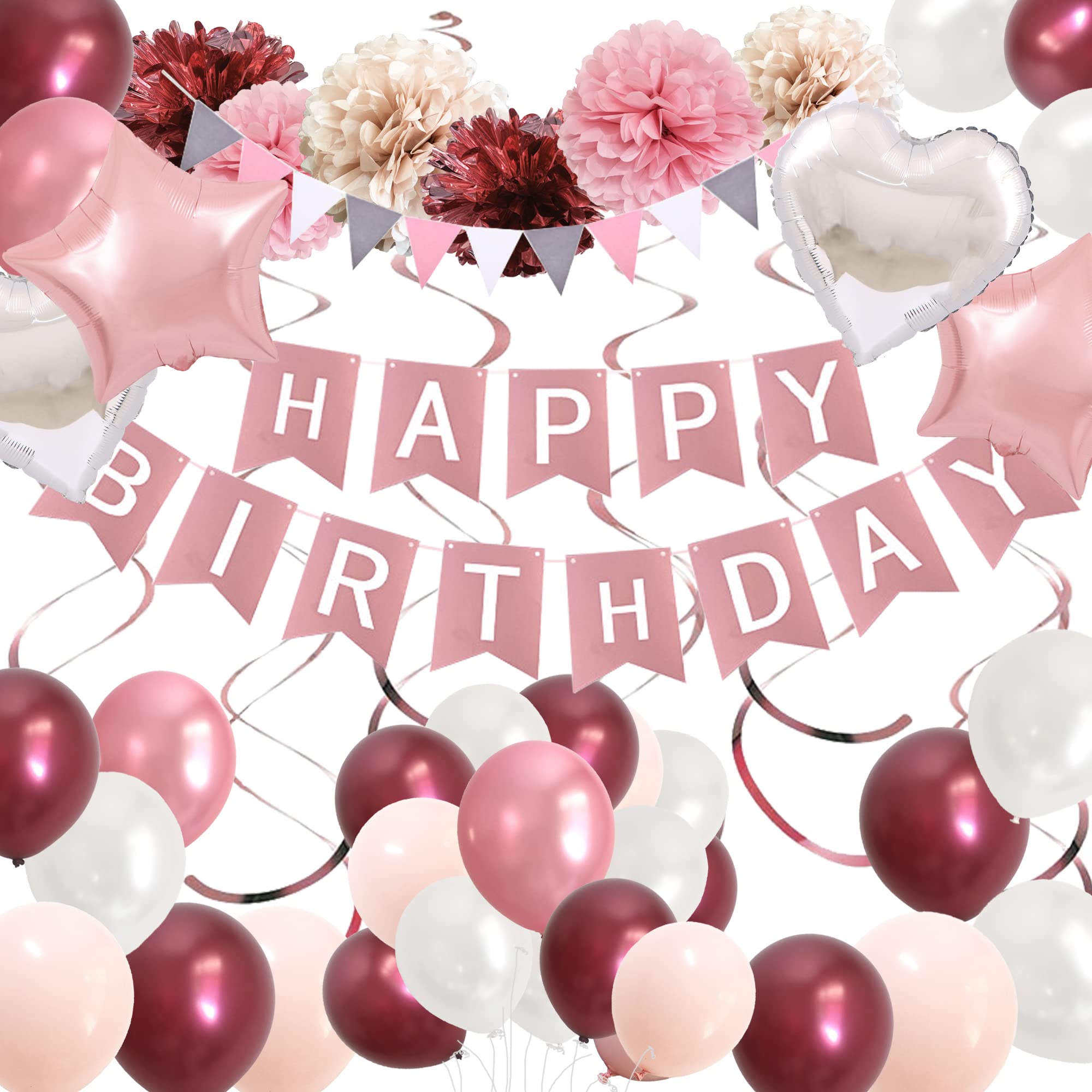 Elegant Pink Birthday Decorations for Women - Happy Birthday Party Balloons, Banner & Burgundy White Pink Pom Poms Set (Pink Silver Burgundy) - Perfect for Birthday Parties, Baby Showers & Bridal Showers