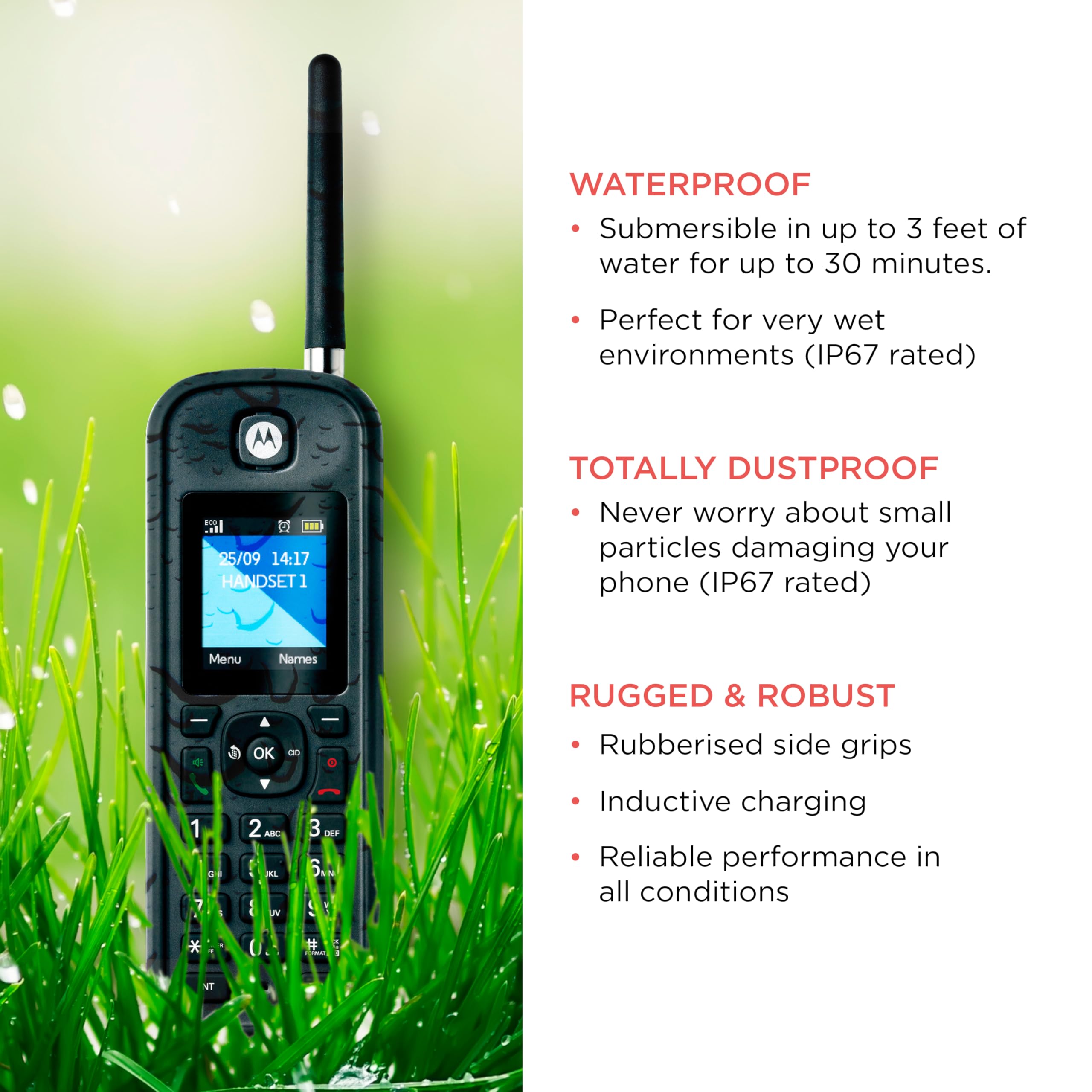 Motorola O212 DECT 6.0 Long Range Cordless Phone with Answering Machine - 2 Handsets, IP67 Water & Dust Resistant, Black - Ideal for Home, Office, Warehouse & Outdoor Use