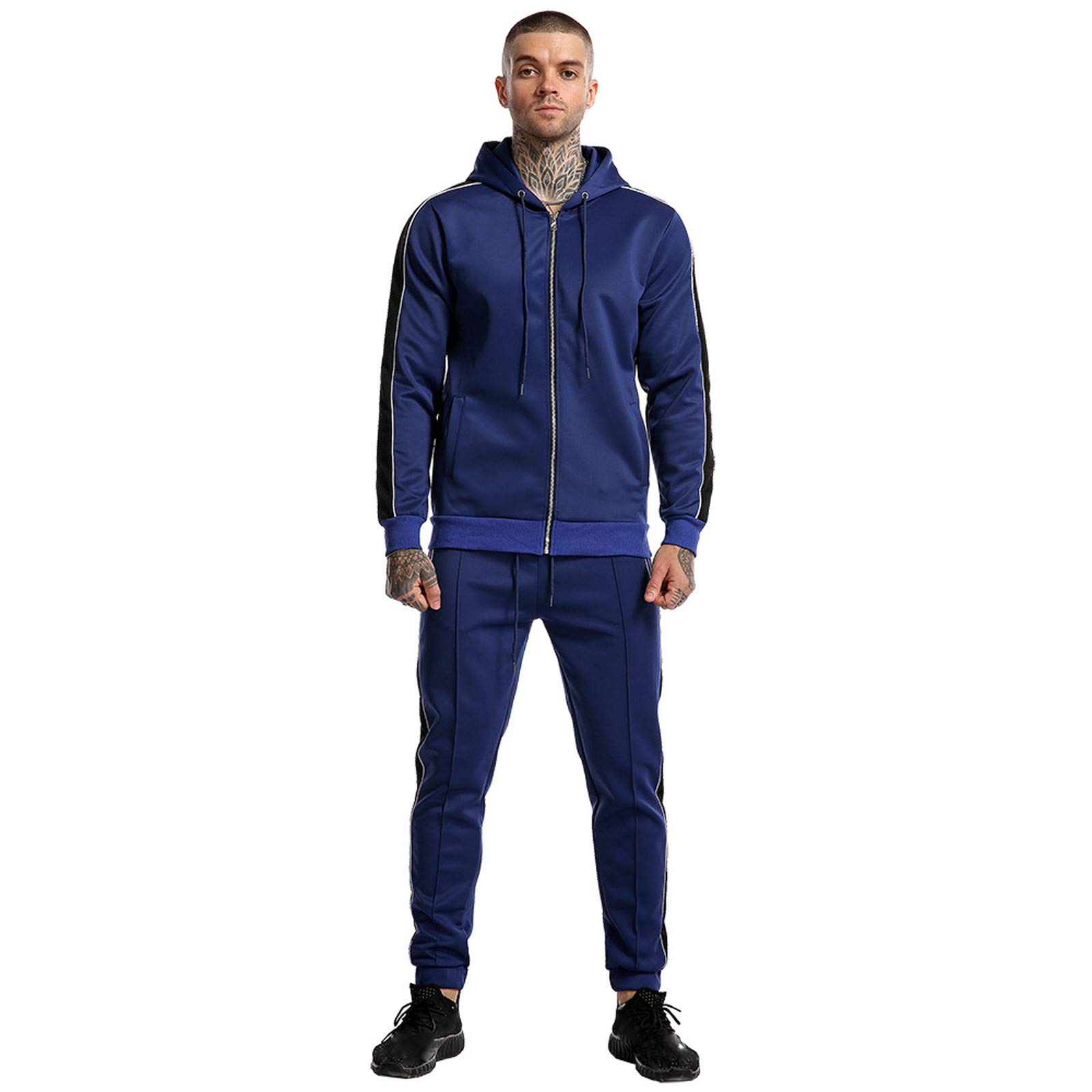 Men's Zip-Up Hoodie & Jogger Tracksuit Set with Pockets - Gray Patchwork Solid Color Athletic Suit | Gym Workout, Running, Casual Streetwear