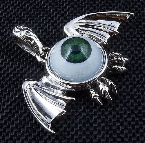 Gothic Sterling Silver Green Eyeball Wing Pendant Necklace - Perfect for Halloween, Cosplay & Alternative Fashion Accessories