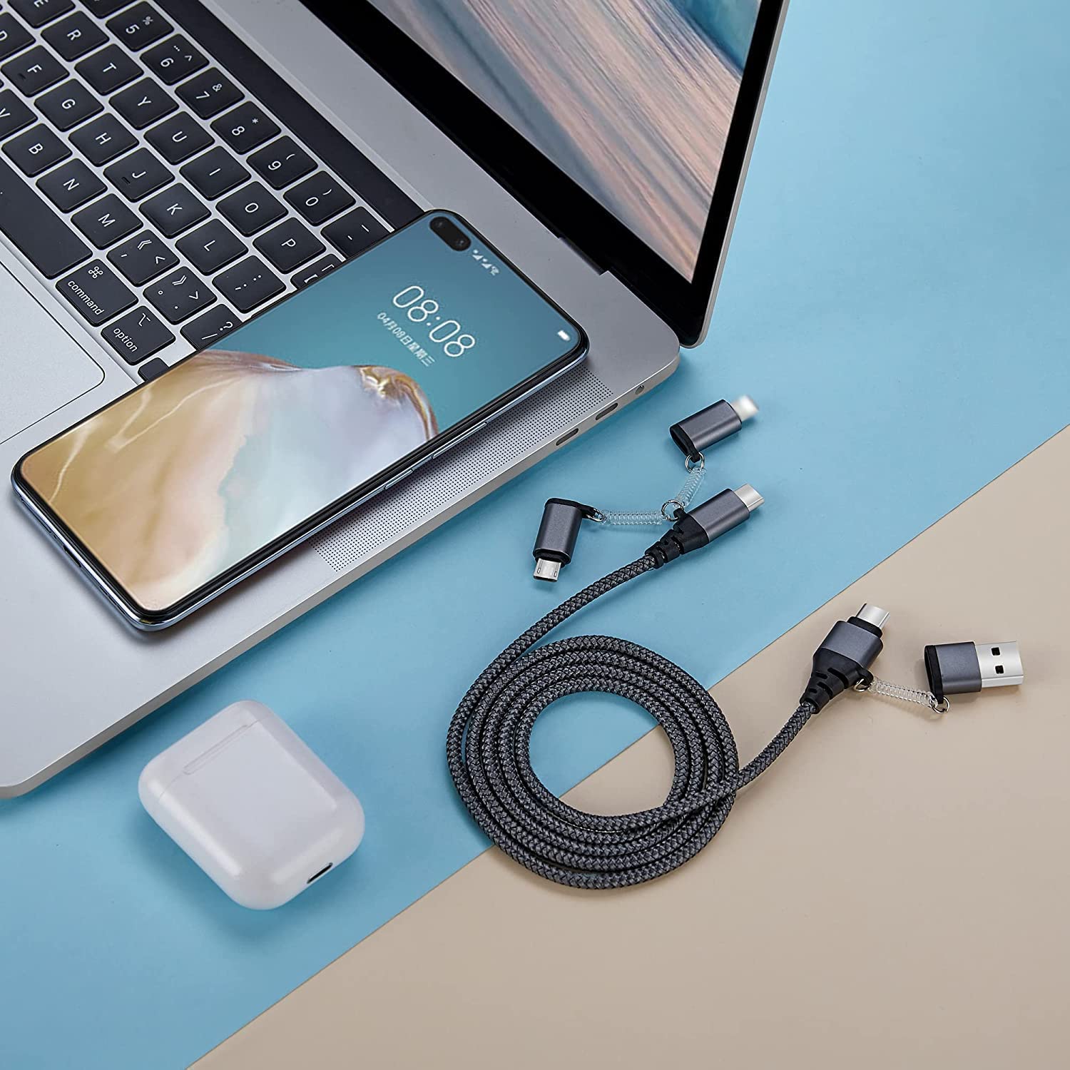 60W PD Multi Charger Cable - USB C to USB C, USB A to Lightning/Type C/Micro USB - Fast Sync & Charge Nylon Braided Cable (6.5ft) - Compatible with iPhone, Kindle, Samsung Galaxy, Huawei | Perfect for Travel, Office & Home Charging