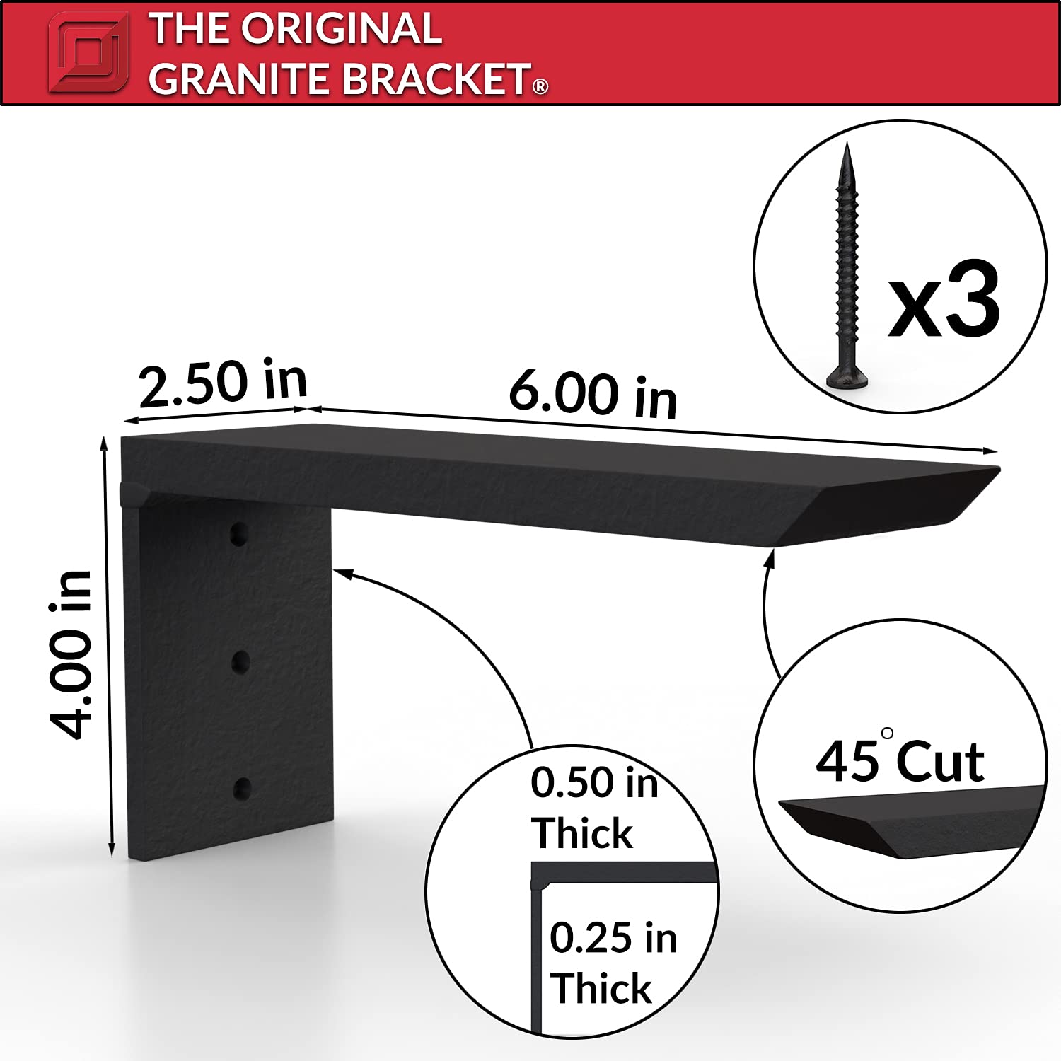 Original Granite Bracket - 6x4 Aluminum Shelf Bracket | Heavy Duty Floating Shelves for Kitchen & Bathroom | Easy Installation & Durable USA-Made (1 Count) | Perfect for Home Organization & DIY Projects