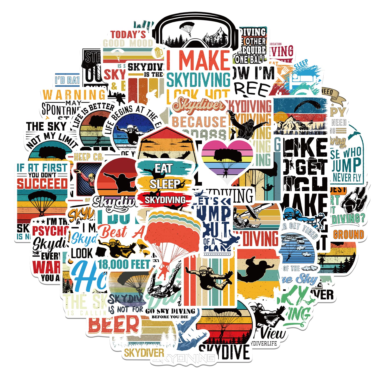 52 PCS Skydiving Stickers - Waterproof Parachute & Extreme Sports Decals for Water Bottles, Laptops, Helmets - Perfect Gift for Skydivers, Parachutists, Adventurers, Adults, Teens & Kids - Great for Outdoor Gear, Travel Accessories & Extreme Sports Equipment