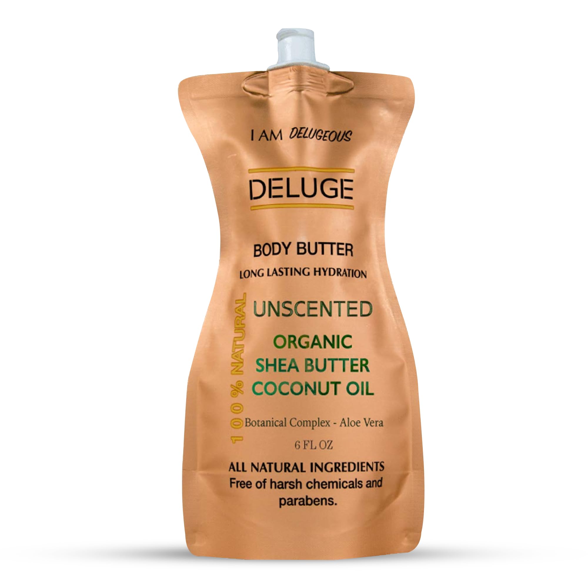 DELUGE Unscented Body Butter for Women & Men - 100% Organic Moisturizing Cream for Dry Skin - Long Lasting Hydration, Non-Greasy Formula - Made in USA (6 FL OZ) - Perfect for Daily Skincare & Post-Shower Hydration