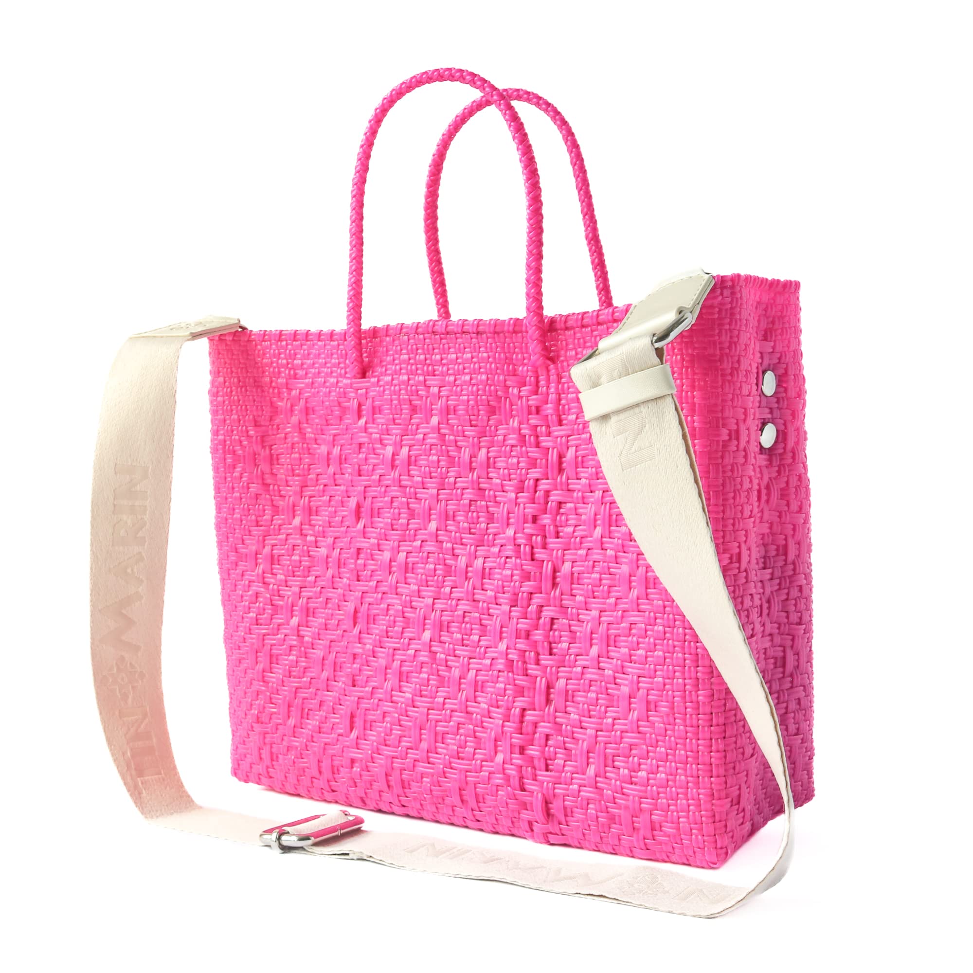Vallarta Medium Woven Crossbody Bag with Detachable Mesh Pouch - Hot Pink Fuchsia Recycled Plastic Beach Purse | Mexican Artisan Made Handbag for Women | Perfect for Travel, Shopping & Resort Vacations