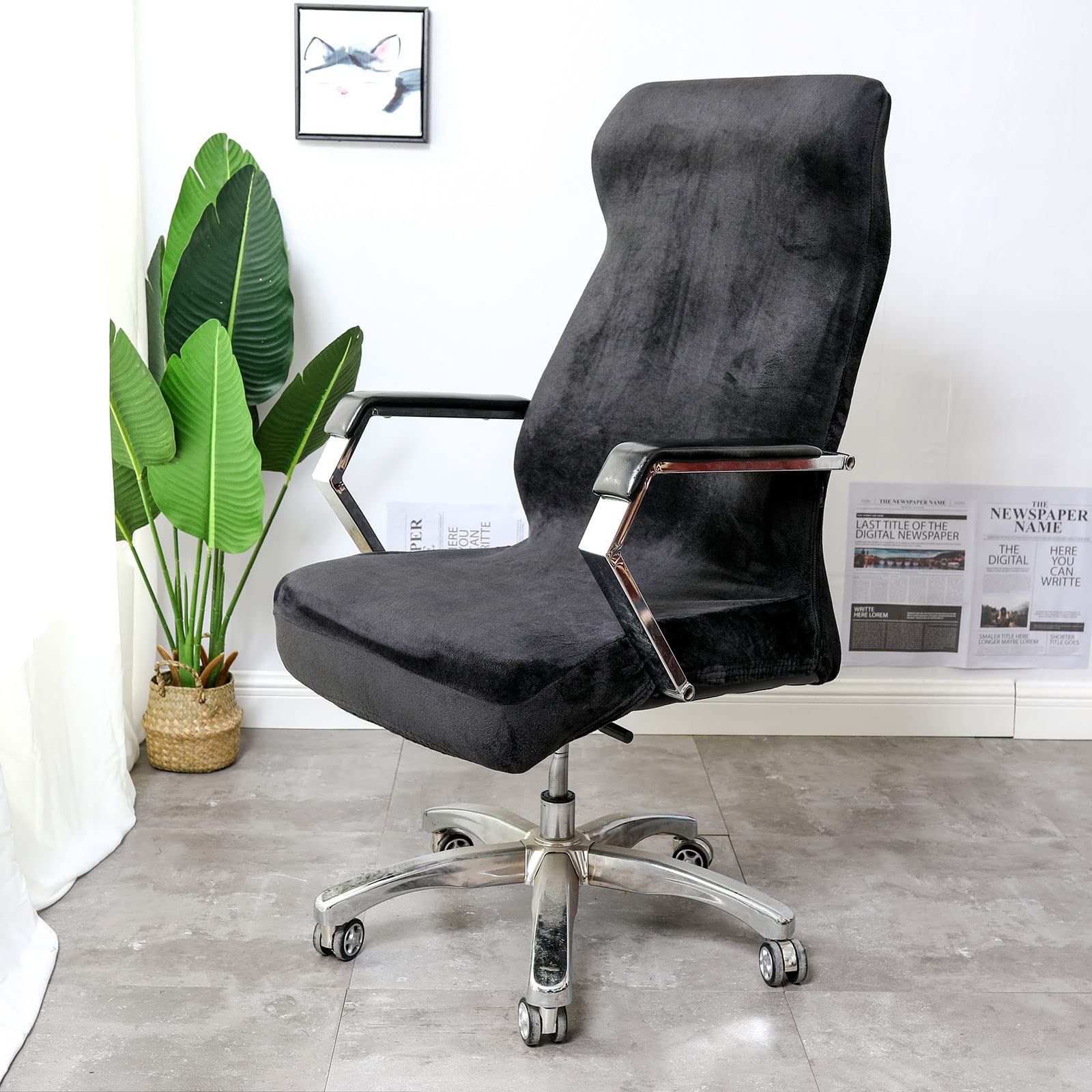 JHLD Velvet Plush Stretch Office Chair Cover - Soft Removable Rotating Chair Slipcover with Durable Zipper, Universal Armchair Protector for Home & Office (Black, Small) - Perfect for Desk Chairs, Gaming Chairs & Conference Room Seating