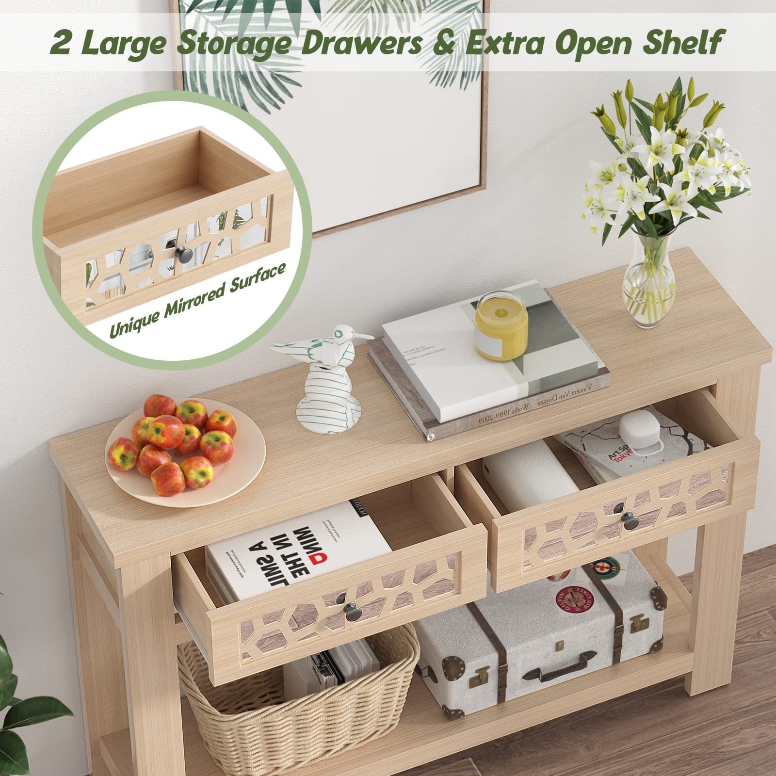 Giantex 2-Tier Wooden Console Table with 2 Drawers & Open Storage Shelf - Entryway Table for Living Room, Hallway, or Foyer - Easy Assembly Rectangular Accent Table (Natural Finish) - Perfect for Small Spaces, Home Decor & Organizing Keys, Mail & Essentials