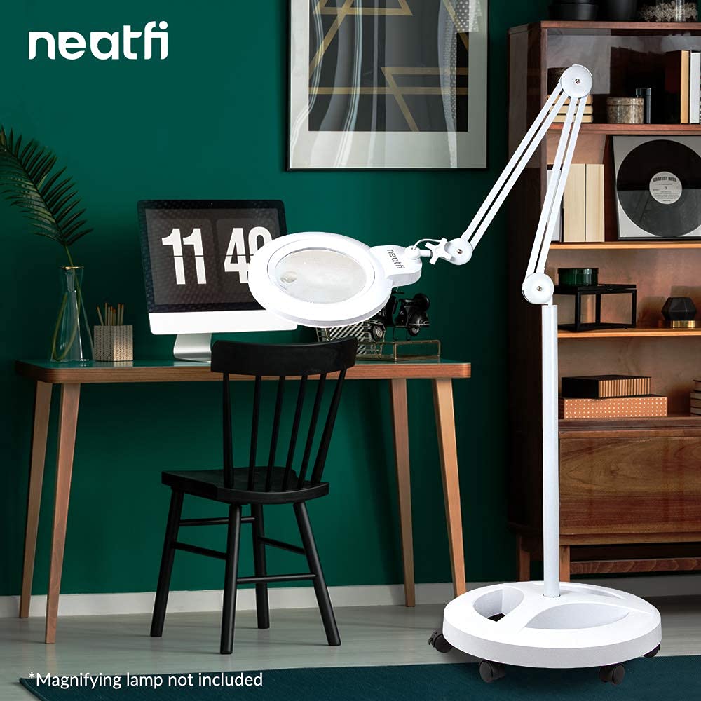 Neatfi 6-Wheel Rolling Floor Stand for LED Desk Lamps & Magnifying Lamps - Adjustable Height Workstation for Office, Study, Crafting & Sewing - White Mobile Base with Smooth Casters