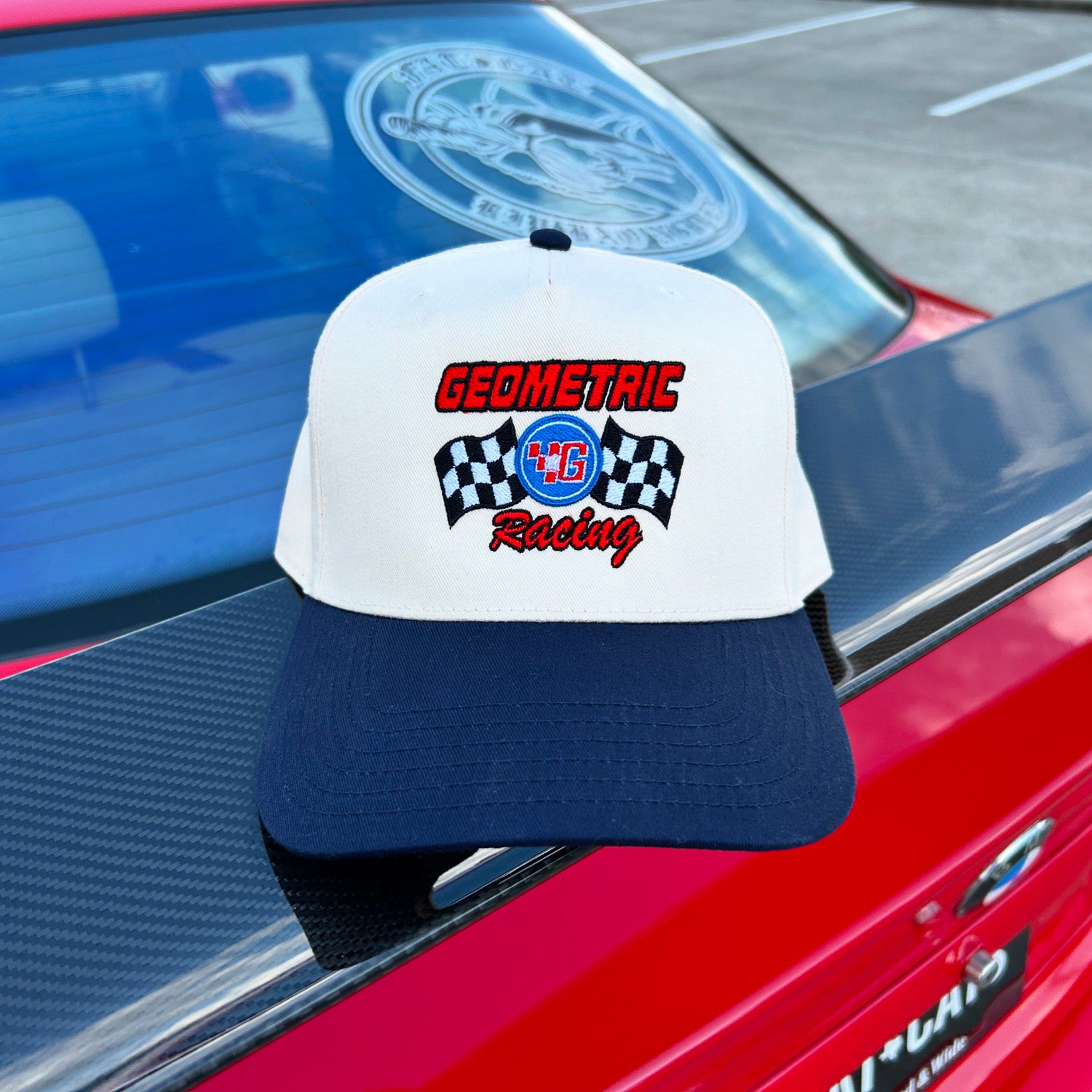 Stylish Geometric Racing Hat for Men & Women - Navy & Natural Color - Perfect for Outdoor Sports, Running, and Casual Wear