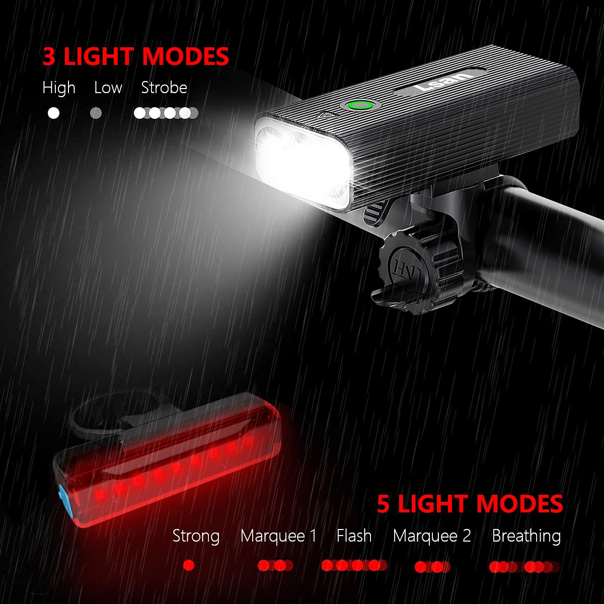 1200 Lumens USB Rechargeable Bike Light Set - Super Bright 3 LED Bicycle Headlight & Taillight with Power Bank Function, IPX5 Waterproof, 3+5 Lighting Modes for Night Cycling, Commuting & Outdoor Adventures