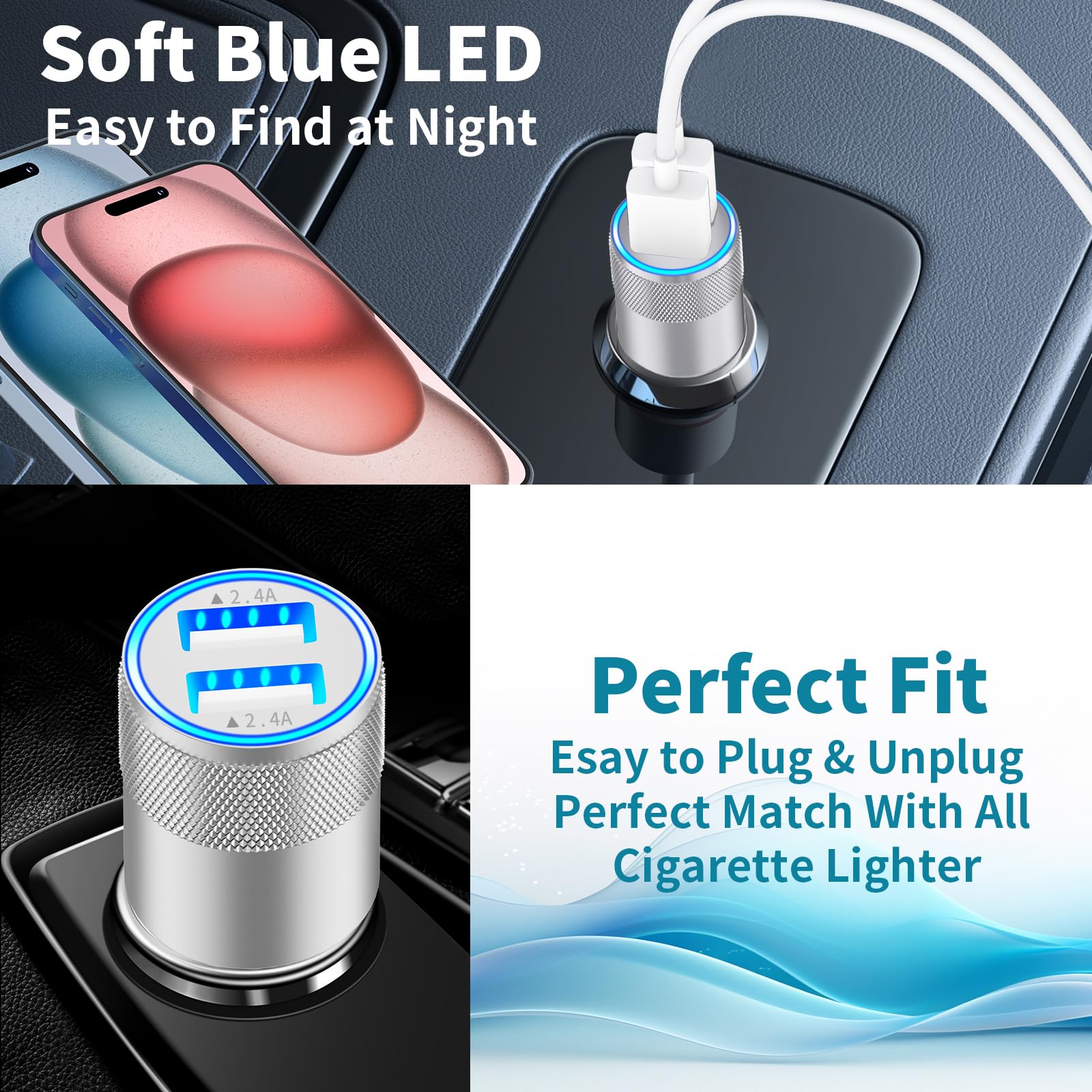 MFi Certified iPhone Fast Car Charger - Braveridge 4.8A Dual USB Car Charger with USB-C & Lightning Cable - Compatible with iPhone 16 Pro/15/14/13/12/11, Galaxy S24/S23, Pixel & iPad - Perfect for Road Trips & Daily Commuting