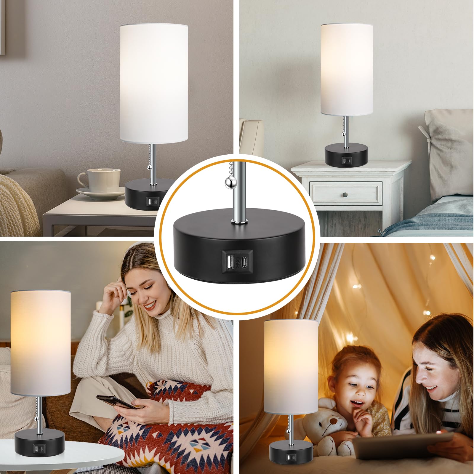 ROTTOGOON 3-Color Adjustable Table Lamp with USB A & C Ports, LED Bedside Nightstand Lamp for Bedroom, Living Room, Office, and Study Desk (White)