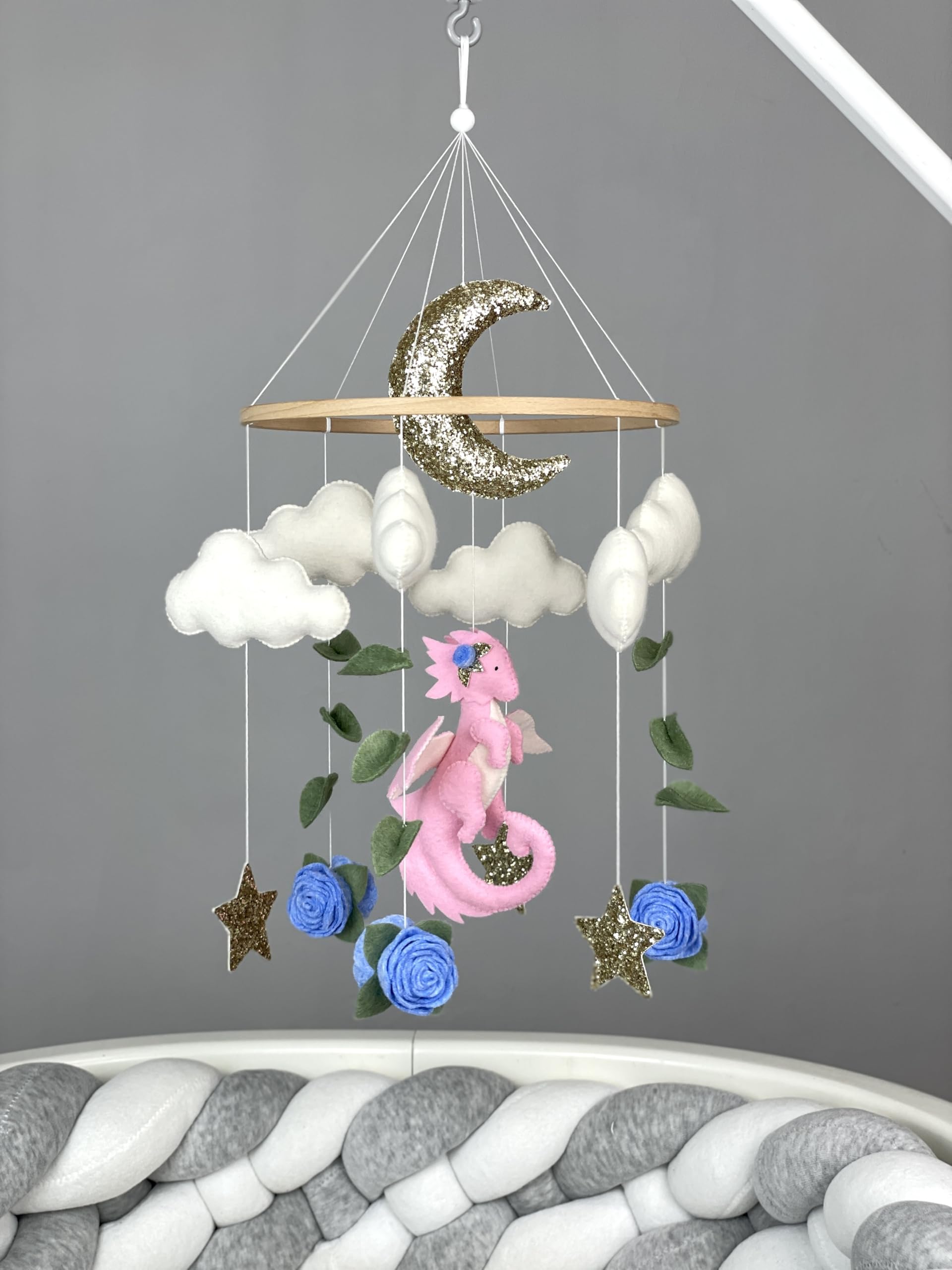 Pink Dragon Baby Crib Mobile - Fantasy Nursery Decor, Felt Dragon & Flower Mobile for Baby Girls - Perfect for Baby Showers & Newborn Gifts | Nursery Decor, Baby Room Theme, Infant Visual Stimulation