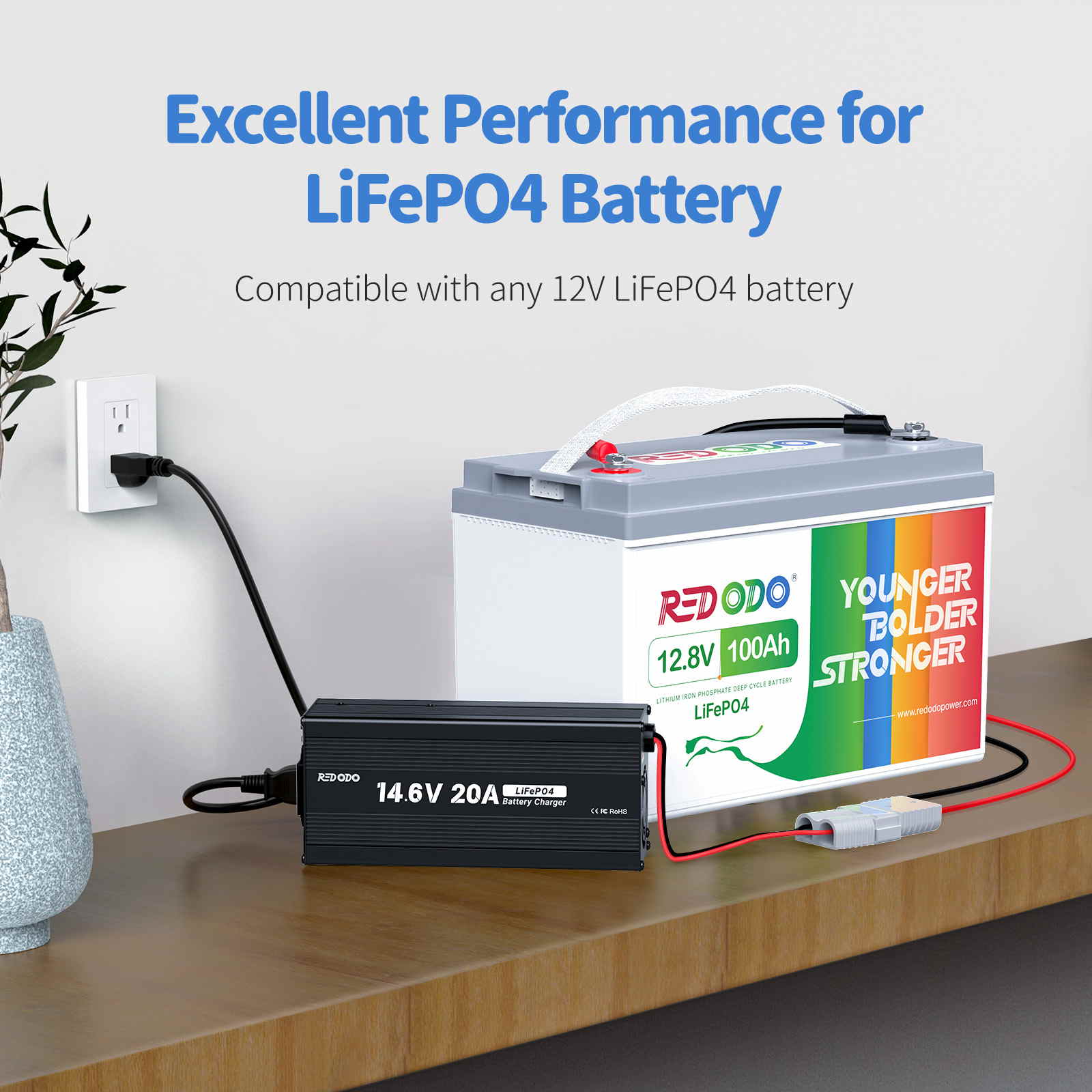 Redodo 14.6V 20A LiFePO4 Battery Charger for Golf Carts, RVs, Solar Systems - Fast Charging & Waterproof Power Supply