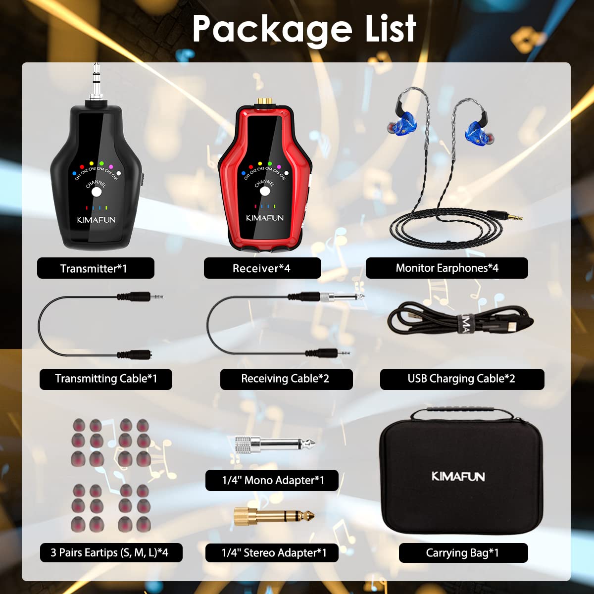 KIMAFUN Wireless In-Ear Monitor System Set (1TX+4RX) - Professional IEM Headphones for Musicians, Bands & Live Performances - Perfect for Rehearsals, Concerts & Studio Recording