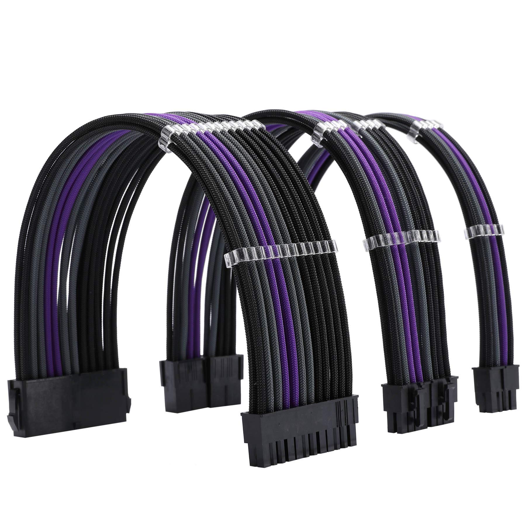 18AWG ATX 24-Pin + EPS 8-Pin + PCI-E 8-Pin Sleeved Extension Power Supply Cable Kit with Cable Combs - Black Grey Purple - for PSU to Motherboard/GPU (PC Gaming, Custom Builds, Cable Management)