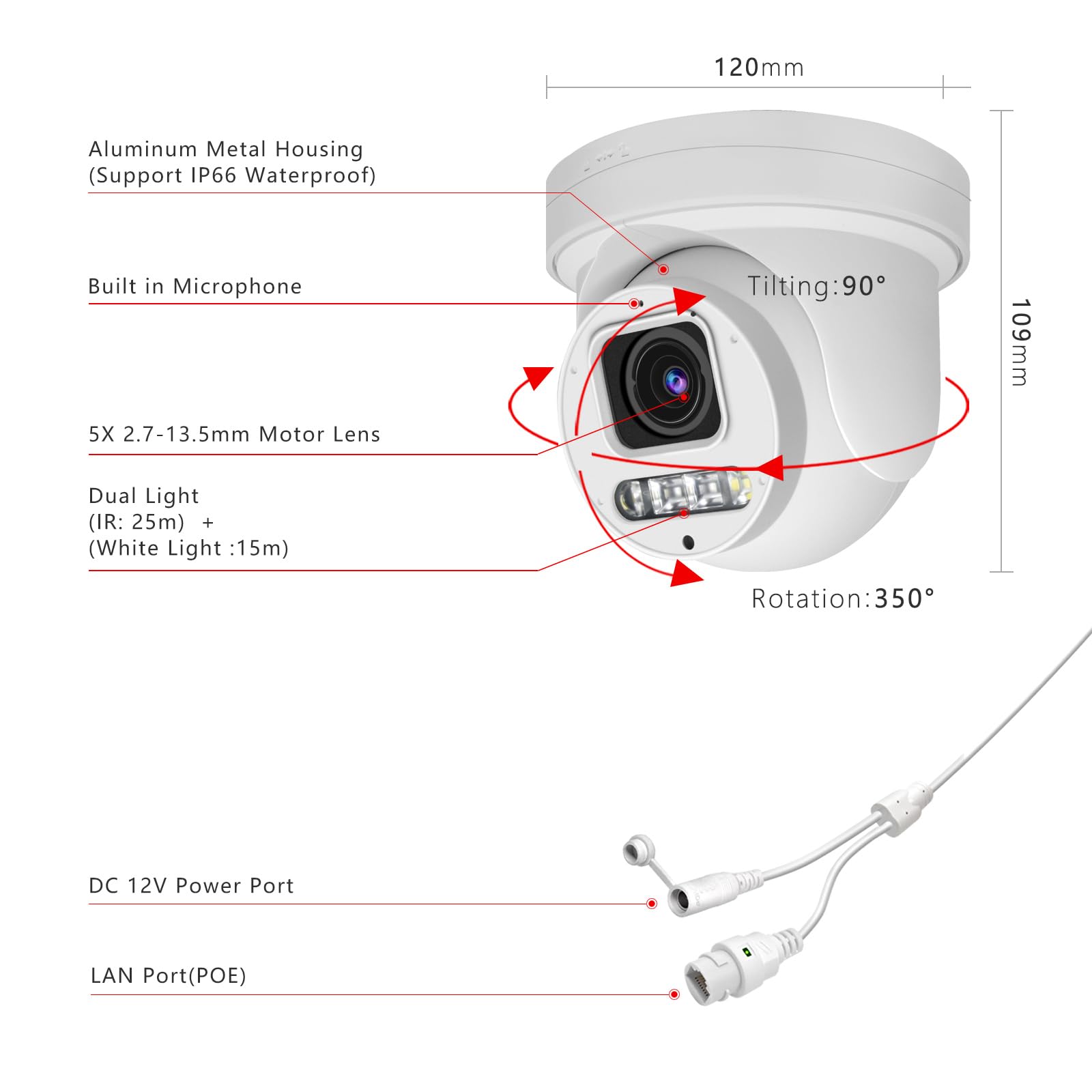 8MP IP PoE PTZ Dome Security Camera Outdoor, 4K PTZ IP Surveillance Camera with 5X Optical Zoom, 355° Pan & 90° Tilt, Two-Way Audio, H.265 Compression, SD Card Slot, 100ft IR Night Vision, Human/Vehicle Detection - Ideal for Home Security, Business Monitoring, and Outdoor Surveillance