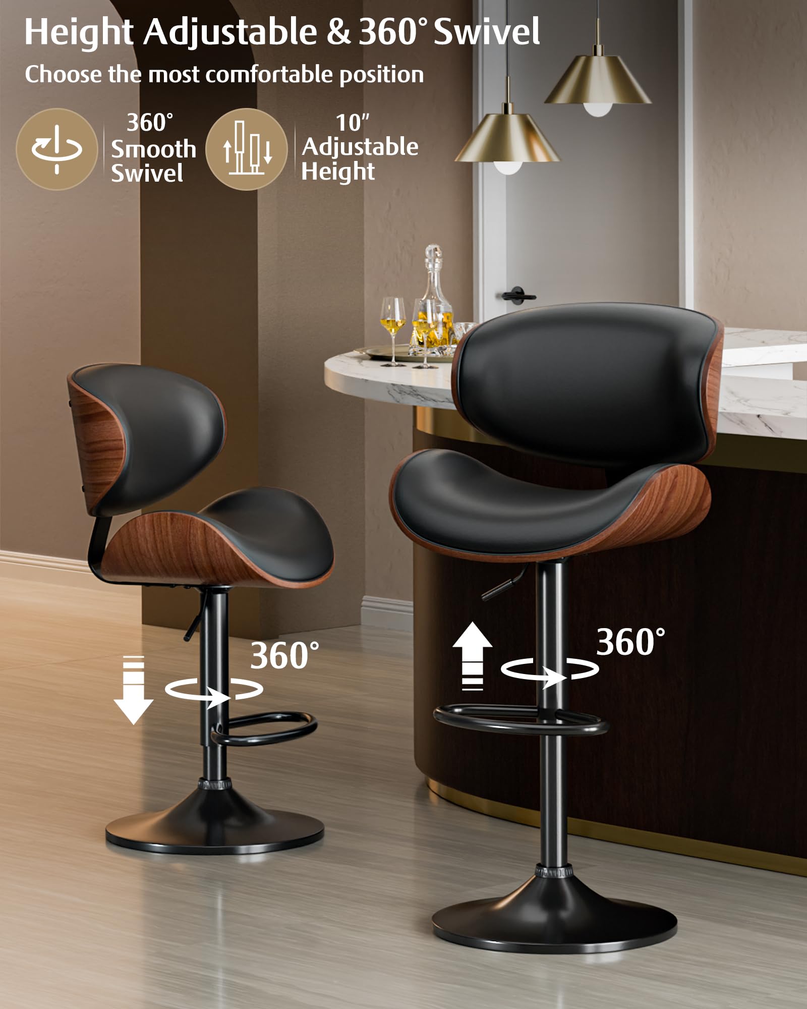 4-Piece Adjustable Swivel Bar Stools Set - Mid-Century Modern PU Leather Counter Height Bar Stools with Back for Kitchen Island, Dining Bar & Home Decor (Black)