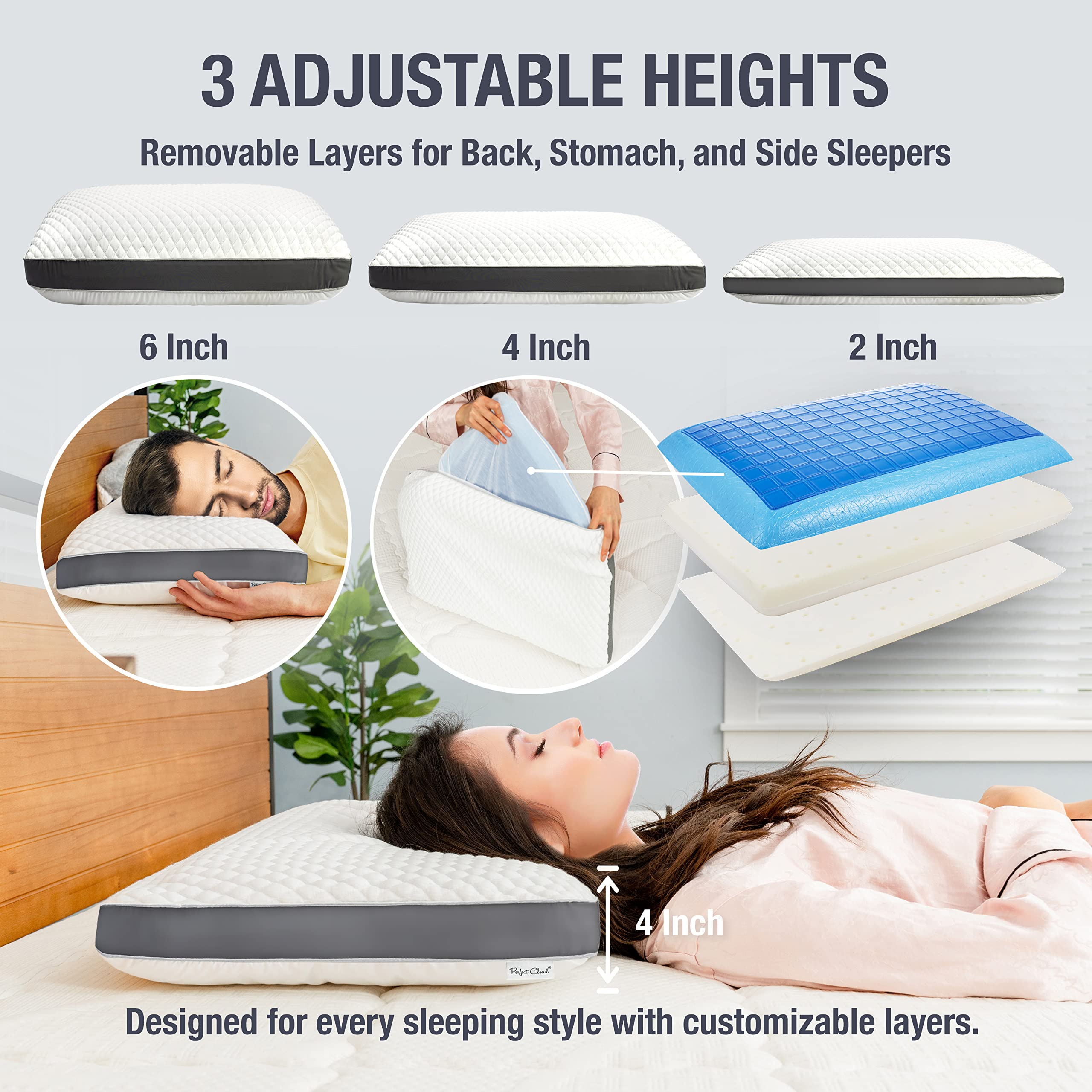Dual Temperature Memory Foam Pillow with Adjustable & Removable Layers - Cooling & Supportive Pillow for Back, Stomach & Side Sleepers - Luxury Custom Loft Bed Pillow for Better Sleep - Ideal for Hot Sleepers & Neck Pain Relief