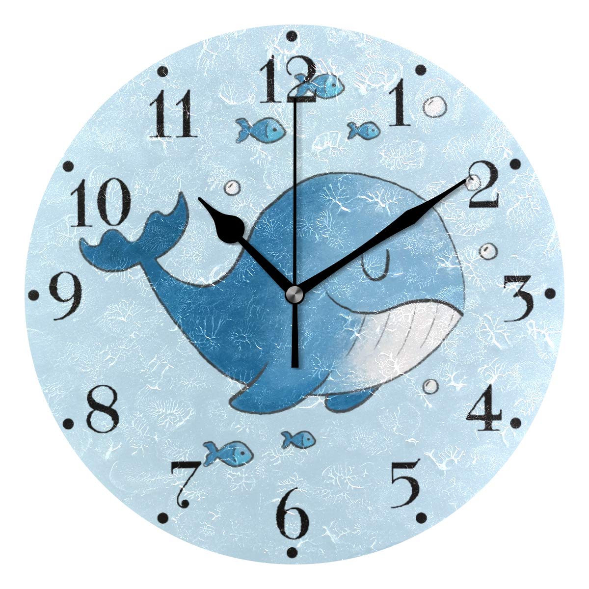 BECCI Cute Cartoon Whale Wall Clock - Silent Non-Ticking Battery Operated Round Clock with Sweep Movement - Modern Home Decor for Kitchen, Living Room, Bedroom, Bathroom & Office - Perfect for Kids Rooms, Nursery Decor and Coastal Themed Spaces