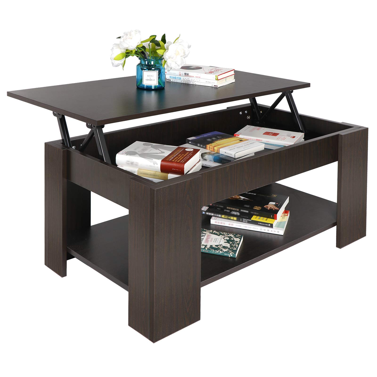 Modern Lift Top Coffee Table with Hidden Compartment & Storage Shelves - Pop-Up Storage Cocktail Table for Living Room, Reception Area | Space-Saving Furniture for Small Apartments & Home Entertainment