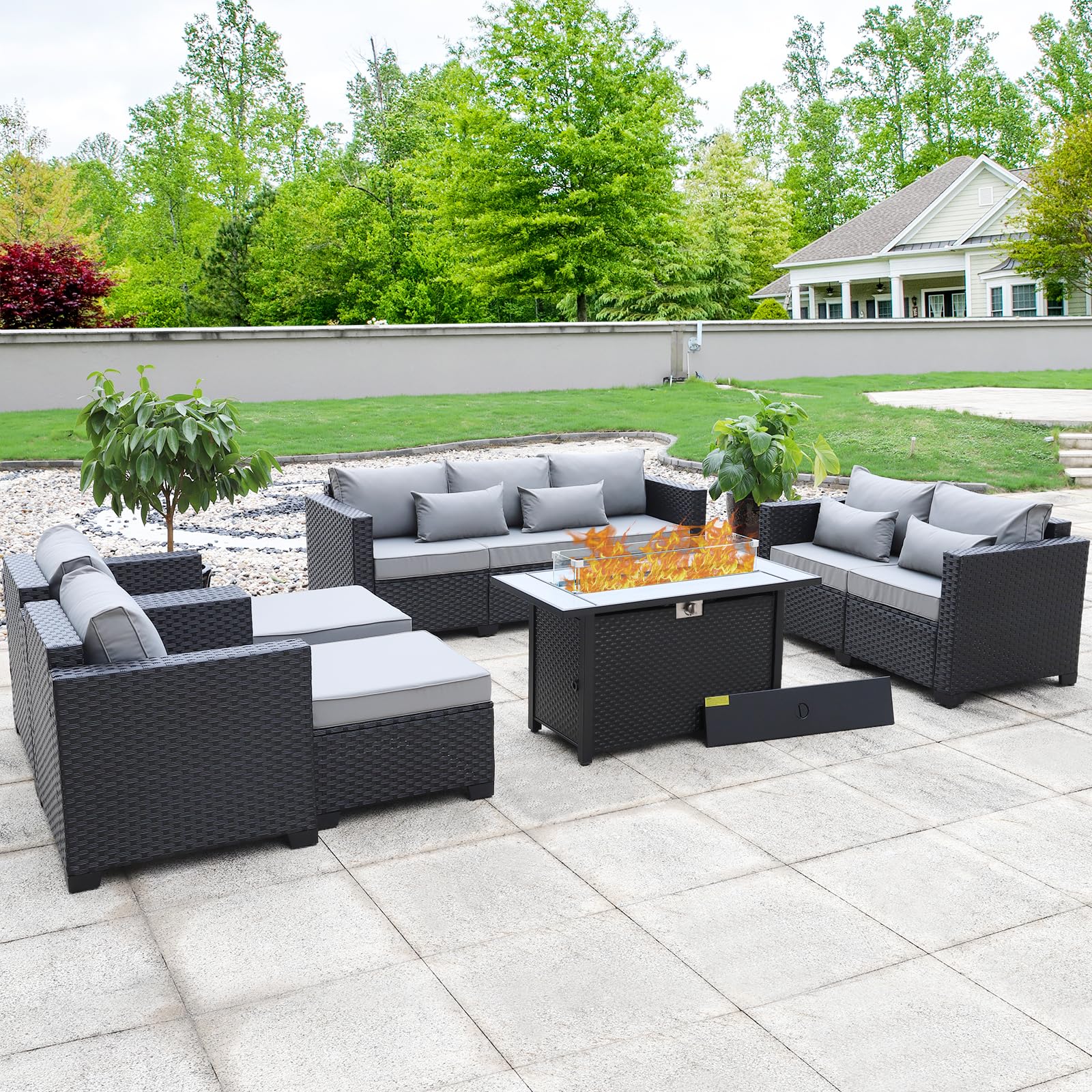 Rattaner 7-Piece Outdoor Patio Furniture Set with 45-Inch 60,000 BTU Propane Fire Pit Table, No-Slip Cushions & Waterproof Covers - Light Grey - Perfect for Backyard, Garden, Poolside & Outdoor Entertaining