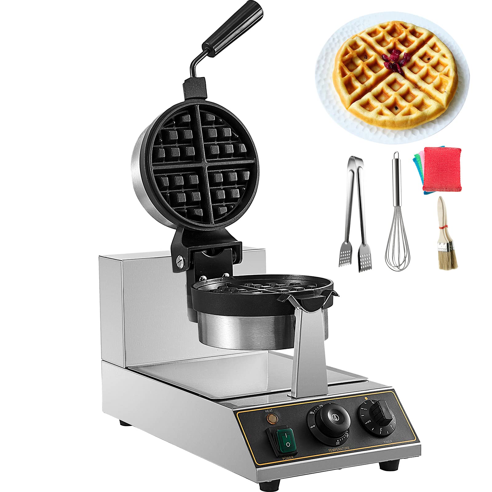VEVOR Commercial Round Waffle Maker 1100W - Stainless Steel Nonstick Waffle Iron with Temperature & Time Control - 110V Electric Waffle Machine for Restaurants, Bakeries, Cafes, and Home Use - Perfect for Breakfast, Brunch, and Dessert Making