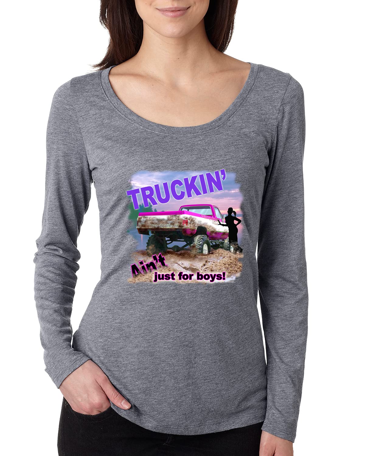 Wild Bobby Truckin' Ain't Just for Boys - Women's Long Sleeve Scoop Neck T-Shirt with Cars & Trucks Print | Casual Wear, Road Trips & Outdoor Adventures