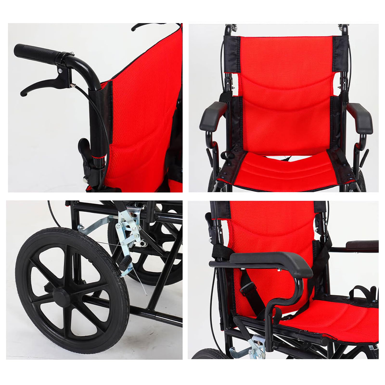 Ultra-Lightweight Folding Wheelchair with Handbrake - Portable Transport Wheelchair for Adults & Elderly - Breathable Seat Cushion & Foldable Footrest - Ideal for Travel, Hospitals, and Home Use - Red
