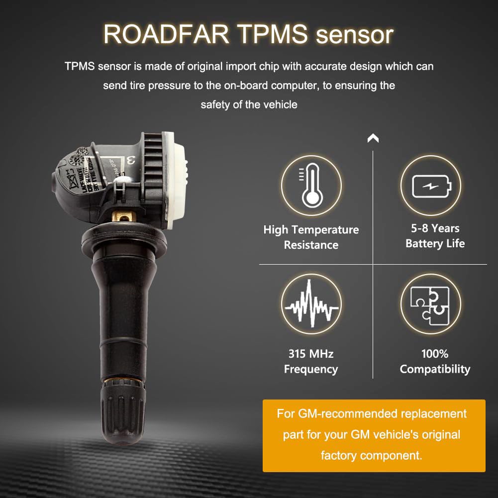 ROADFAR 315MHz Programmable TPMS Tire Pressure Monitoring System Sensor - 4 Pack Compatible with Chevrolet Vehicles | Perfect for Highway Safety & Off-Road Adventures