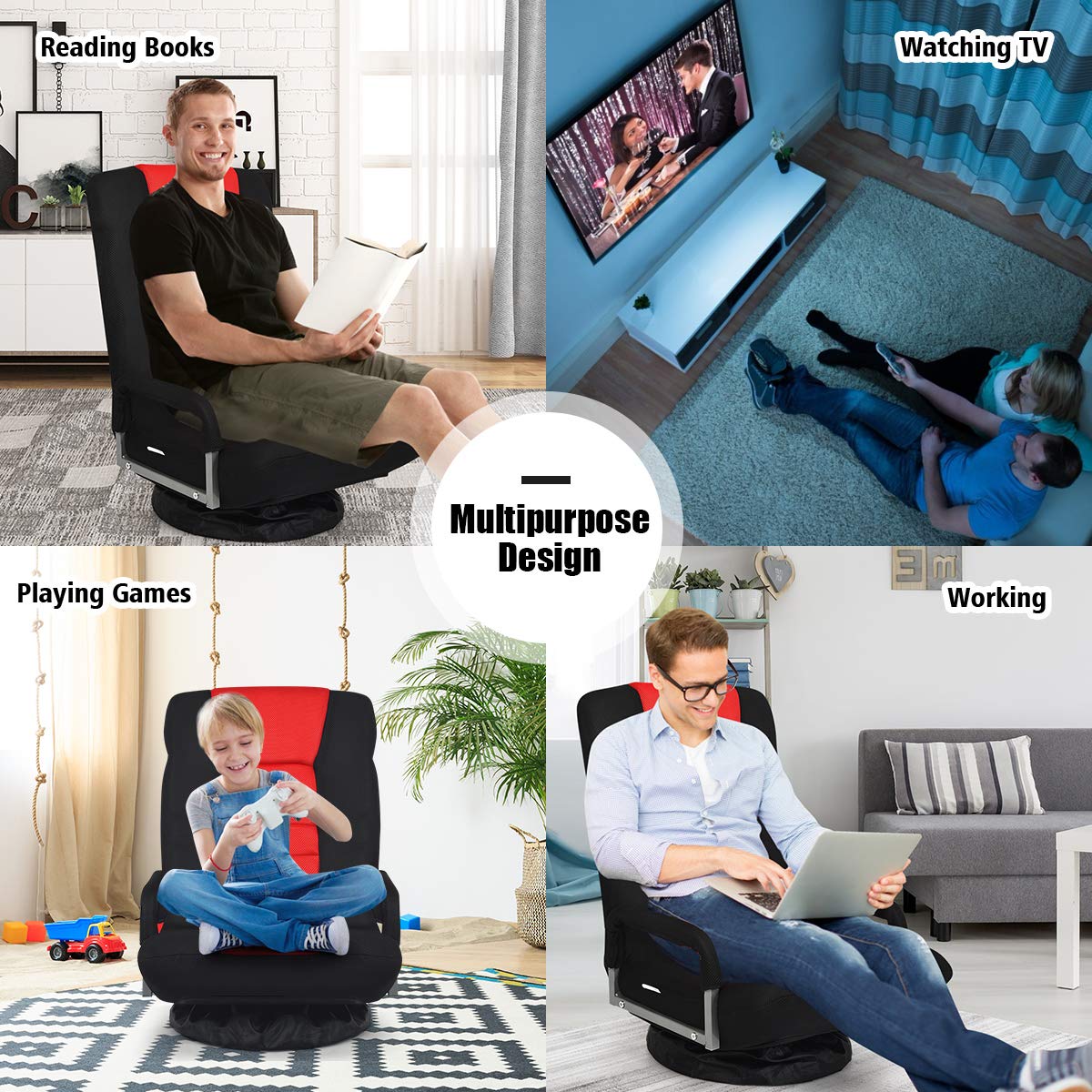GOFLAME 360° Swivel Gaming Floor Chair - Adjustable 6-Position Backrest & Armrest, Ergonomic Folding Lounge Chair for Adults - Perfect for TV Watching, Video Gaming, Reading & Relaxing (Black/Red)
