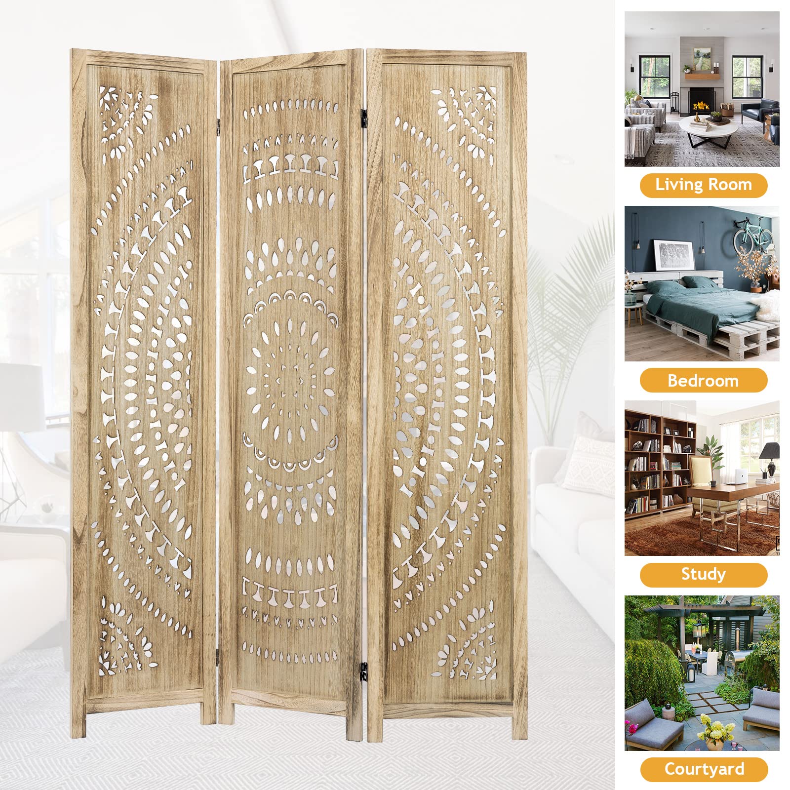 3 Panel Wood Folding Room Divider Screen - 66.9 Inch Privacy Partition for Living Room, Bedroom & Office - Natural Finish, No Assembly Required - Perfect for Home Decor, Space Separation & Room Dividers