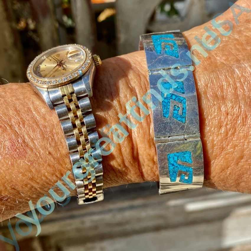 Vintage Mexican Sterling Silver Turquoise Mosaic Bracelet - Handmade Boho Jewelry for Women - Perfect for Festivals, Weddings & Everyday Wear
