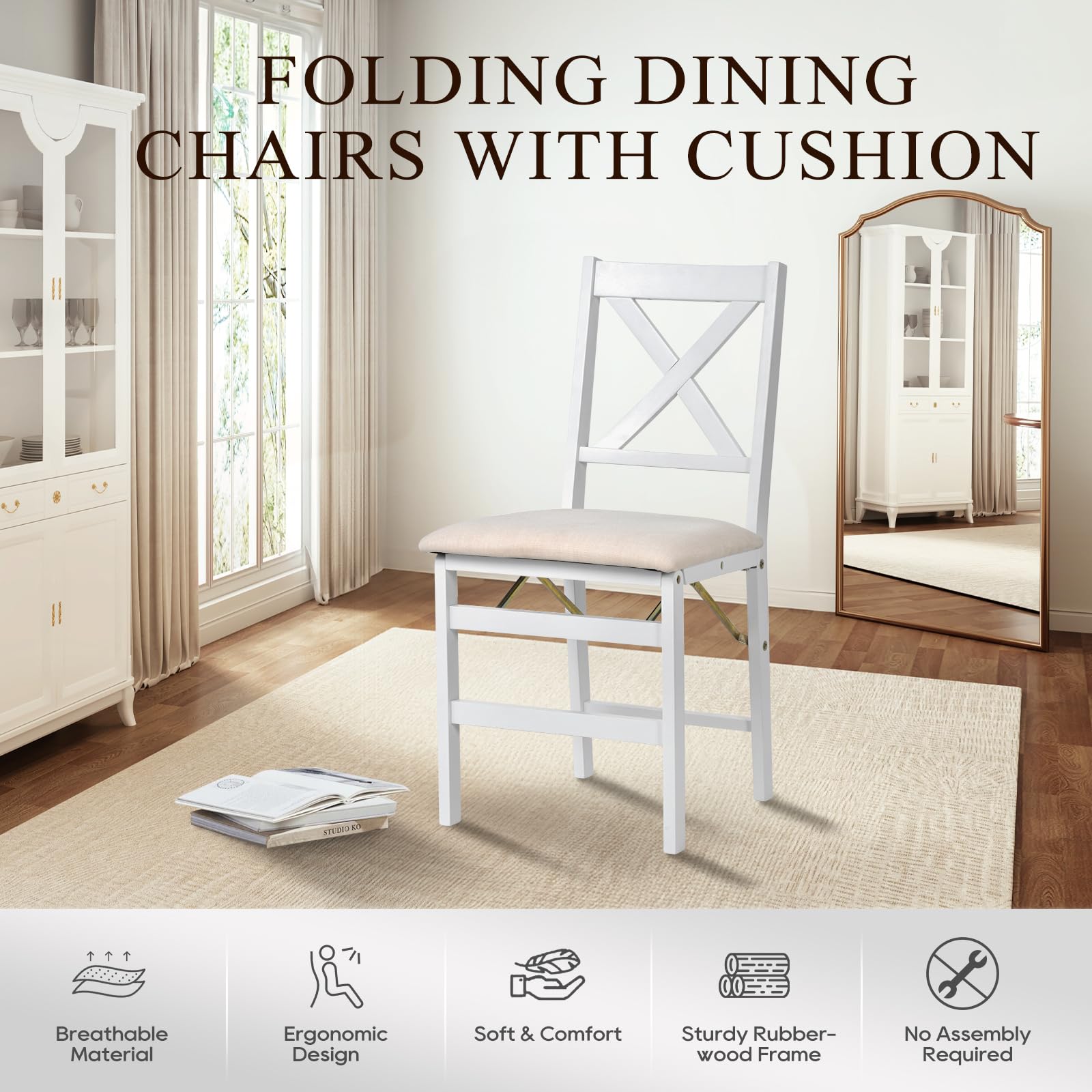 COLAMY Set of 2 Folding Dining Chairs with Padded Seats - Wooden Foldable Chairs for Kitchen, Dining Room, Party & Camping - Space Saving White Chairs for Small Spaces & Outdoor Events