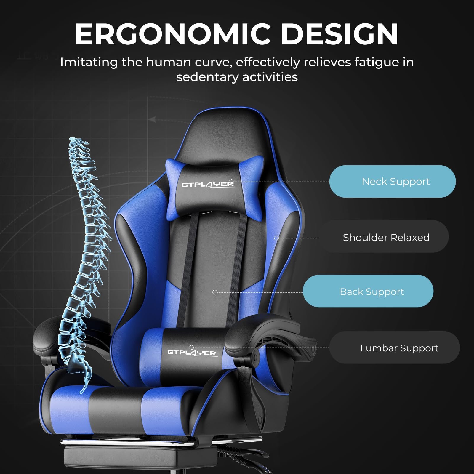 GTPLAYER Ergonomic Gaming Chair with Adjustable Lumbar Support & Footrest - 360° Swivel Office Chair with Headrest for PC, Computer, Video Games & Home Office (Blue) - Perfect for Long Gaming Sessions & Work From Home Comfort