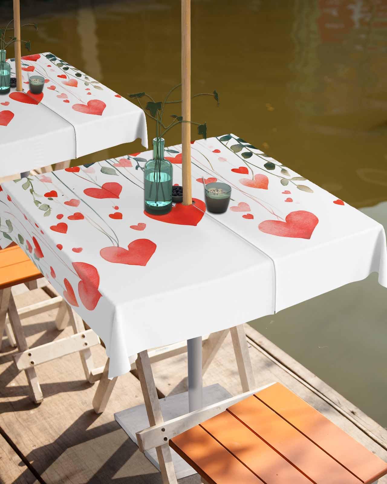 Valentine's Day Waterproof Tablecloth with Umbrella Hole & Zipper - Spillproof Rectangular Table Cover for Outdoor Dining, Picnics, Parties - Romantic Red Heart Leaves Design for Patio, Garden & Backyard Gatherings