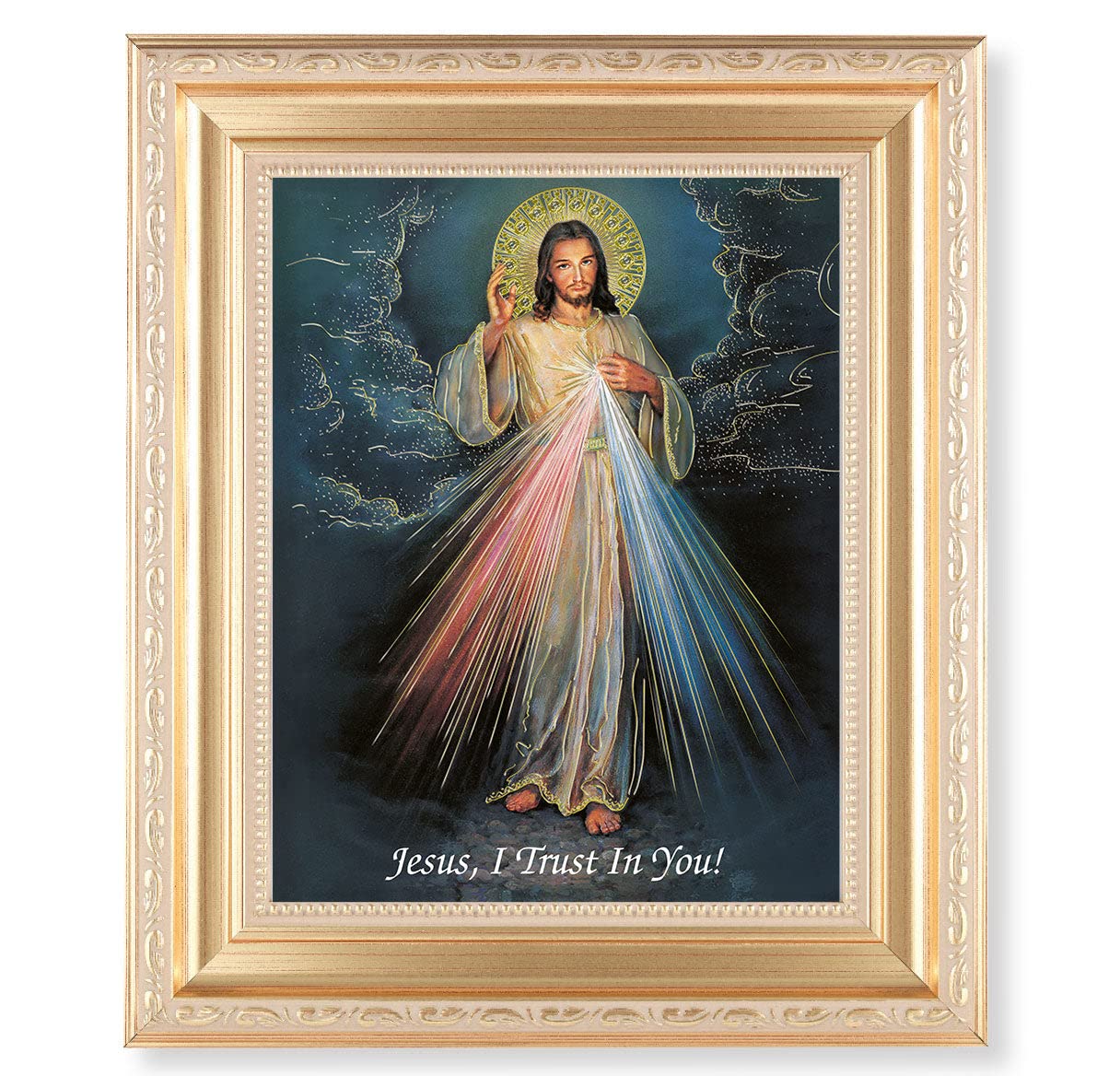 Divine Mercy Framed Wall Art - Large Religious Home Decor with Satin Gold Fluted Frame, Distressed Finish & Detailed Scrollwork - Perfect for Church, Prayer Room or Catholic Home Decor