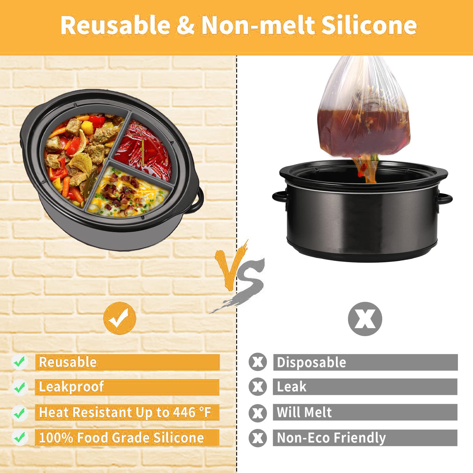 6 Quart Silicone Slow Cooker Divider Liners Oval - Thickened, Weighted & Sturdy Reusable Crockpot Inserts for Most 6 Qt Slow Cookers | Leakproof & Dishwasher Safe | Perfect for Meal Prep, Leftovers & Party Serving
