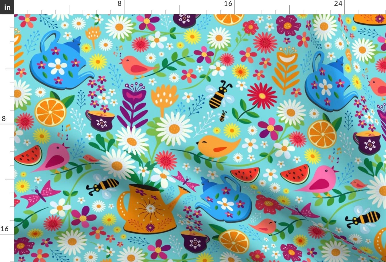 Spring Garden Tea Party Floral Birds Scandi Picnic Printed Chiffon Fabric Fat Quarter - Premium Spoonflower Fabric for Sewing Dresses, Fashion Apparel & Home Decor - Perfect for DIY Projects, Quilting, and Tablecloth Designs